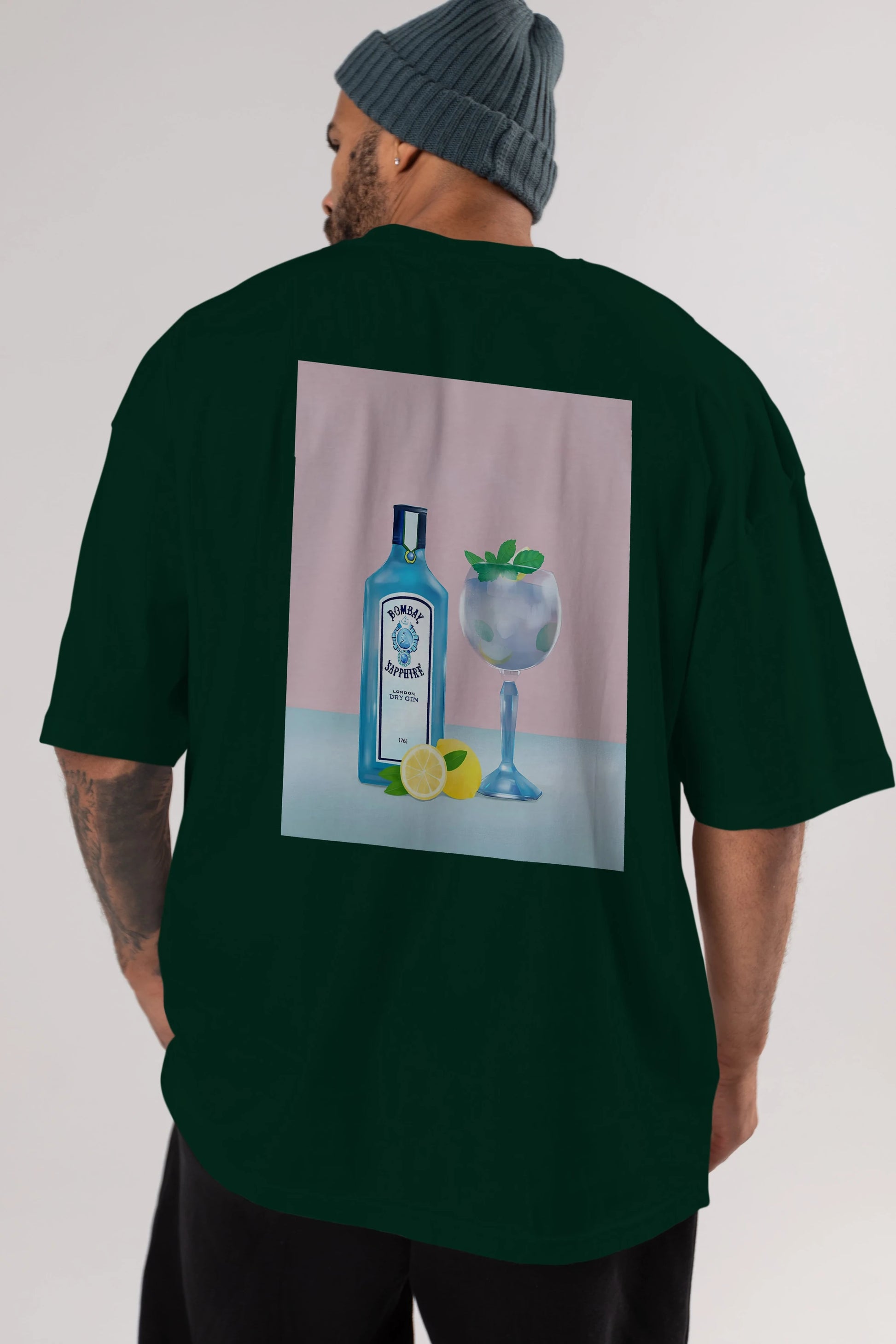 Bombay Sapphire Dry Gin Arka Baskılı Oversize t-shirt Erkek Kadın Unisex %100 Pamuk Bisiklet Yaka tişort