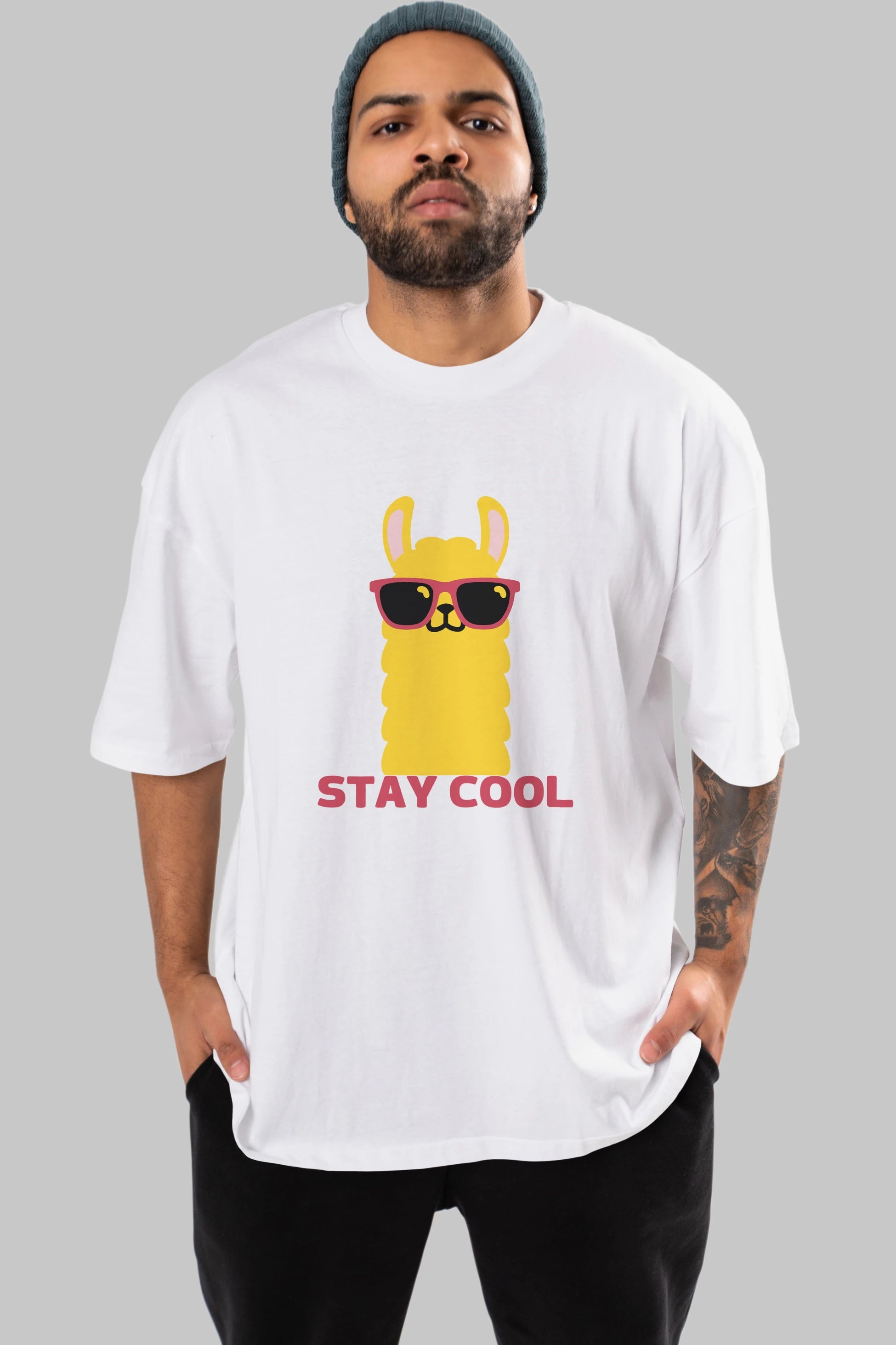 Stay Cool Yazılı Lama Ön Baskılı Oversize t-shirt Erkek Kadın Unisex