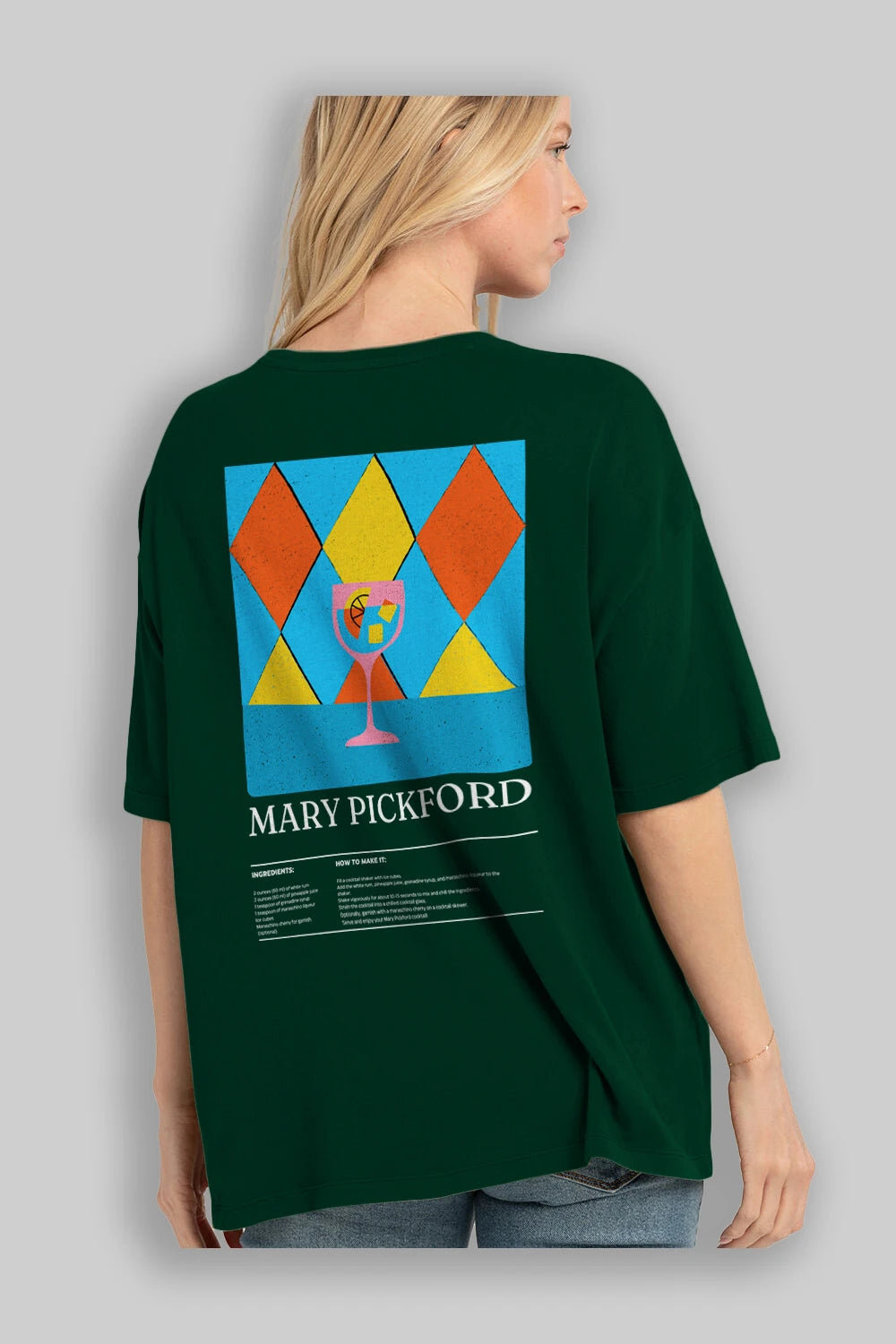 Mary Pickford Kokteyl Serisi Arka Baskılı Oversize t-shirt Erkek Kadın %100 Pamuk Bisiklet Yaka tişort