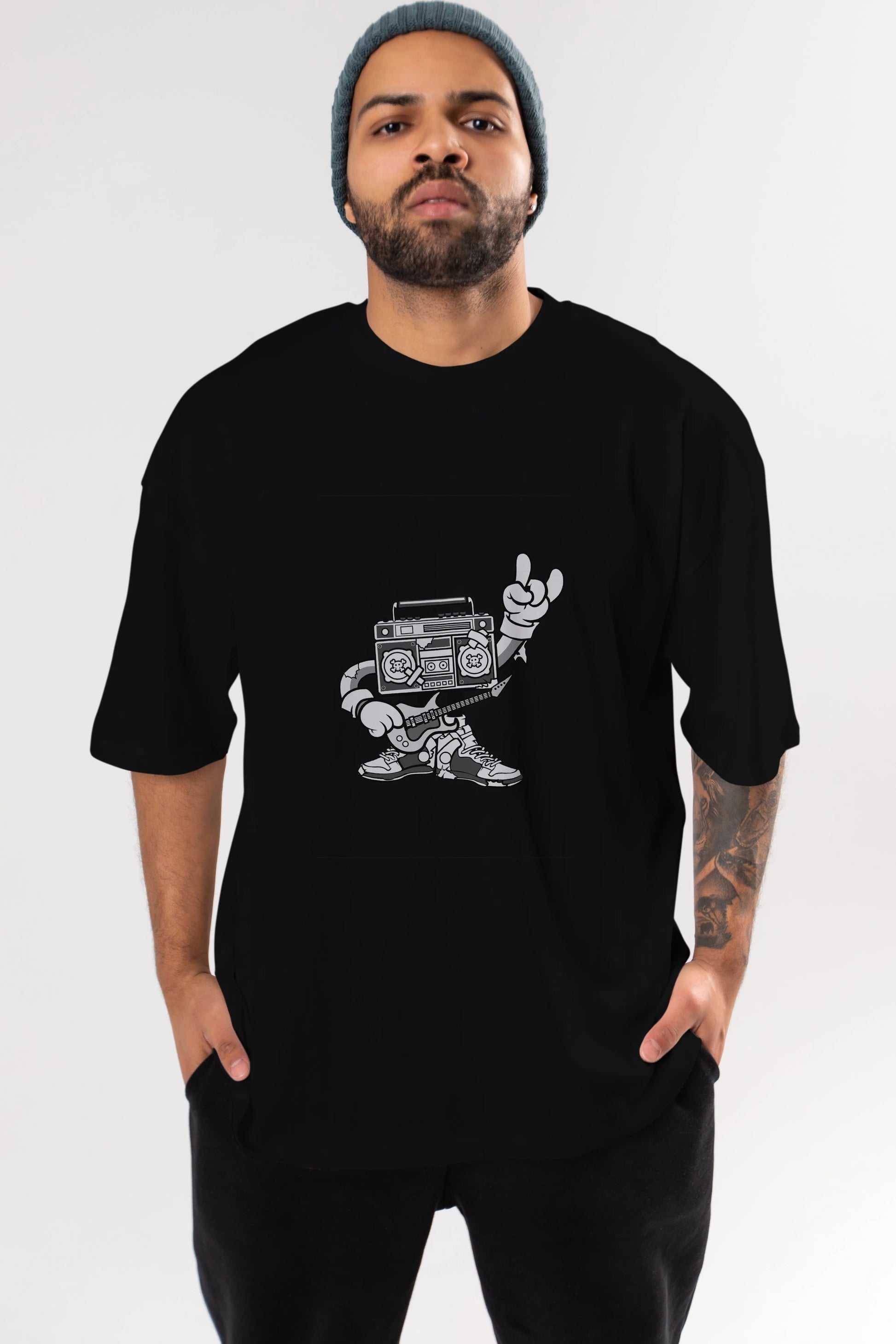 Boombox Rockstar Ön Baskılı Oversize t-shirt Erkek Kadın Unisex %100 Pamuk tişort