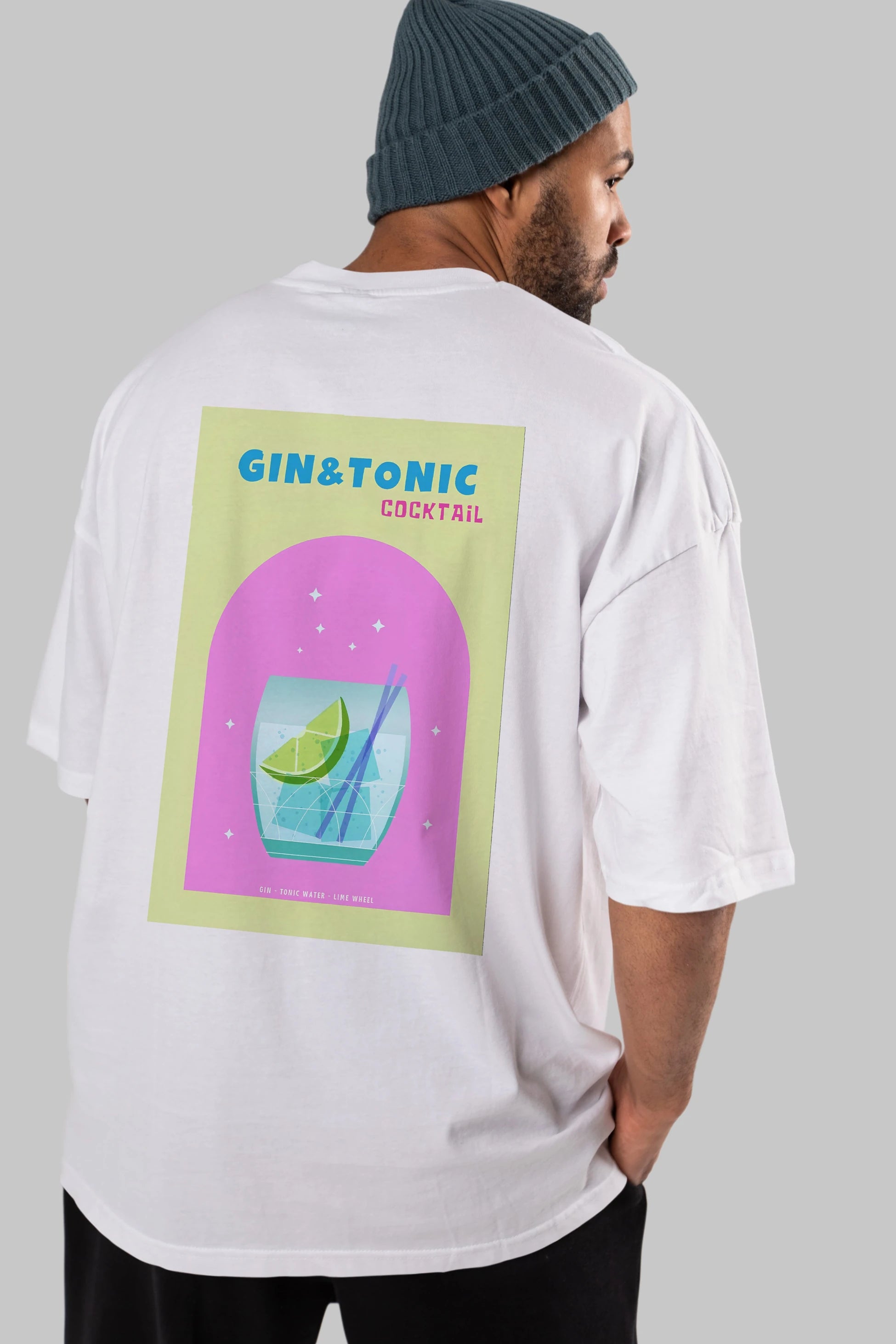 Gin Tonic Cocktail Arka Baskılı Oversize t-shirt Erkek Kadın Unisex %100 Pamuk Bisiklet Yaka tişort