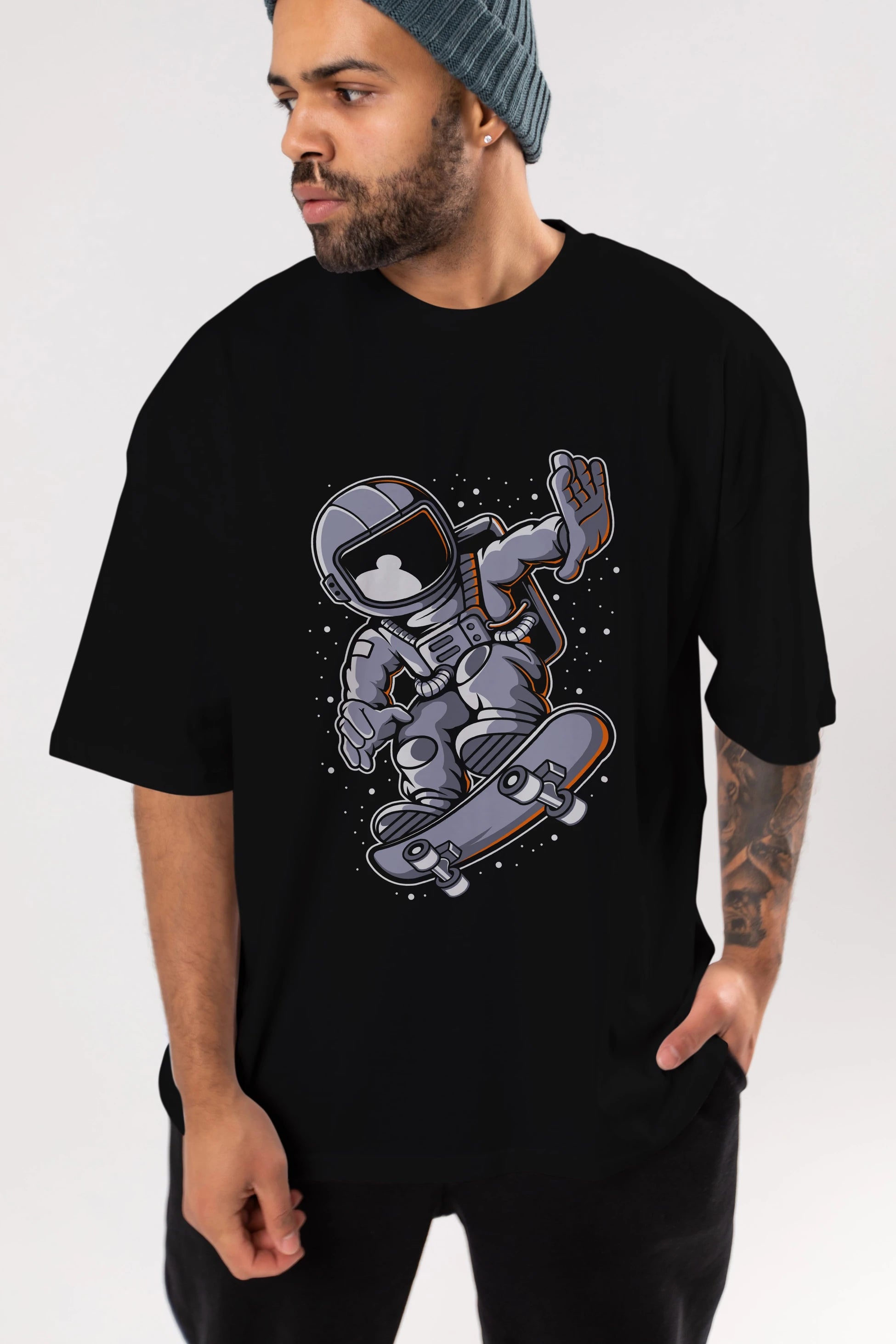 Astronaut Skateboard Ön Baskılı Oversize t-shirt Erkek Kadın Unisex