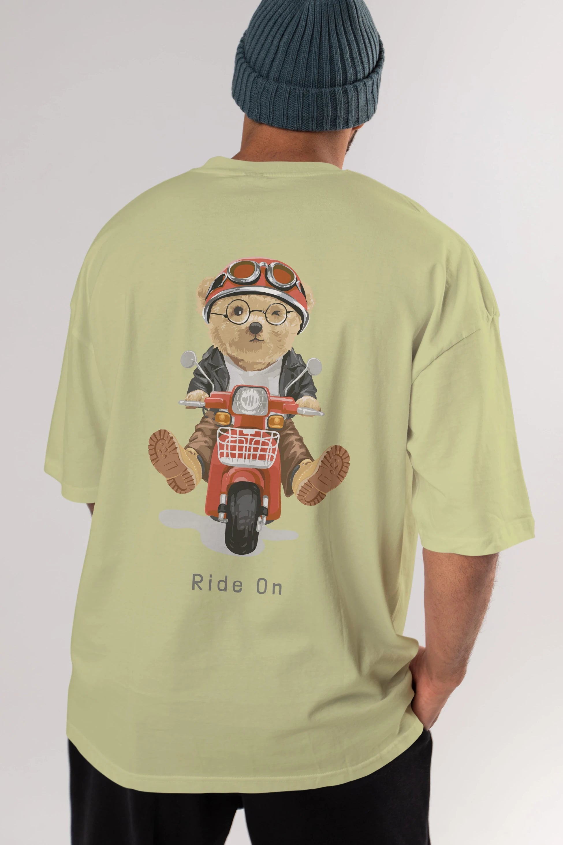 Teddy Bear Ride On Arka Baskılı Oversize t-shirt Erkek Kadın Unisex %100 Pamuk