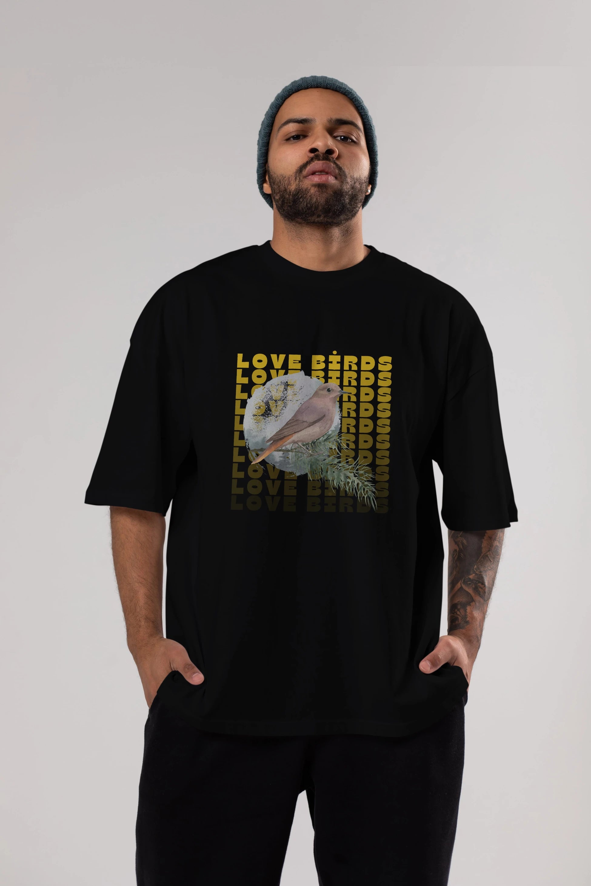 Love Birds Yazılı Ön Baskılı Oversize t-shirt Erkek Kadın Unisex