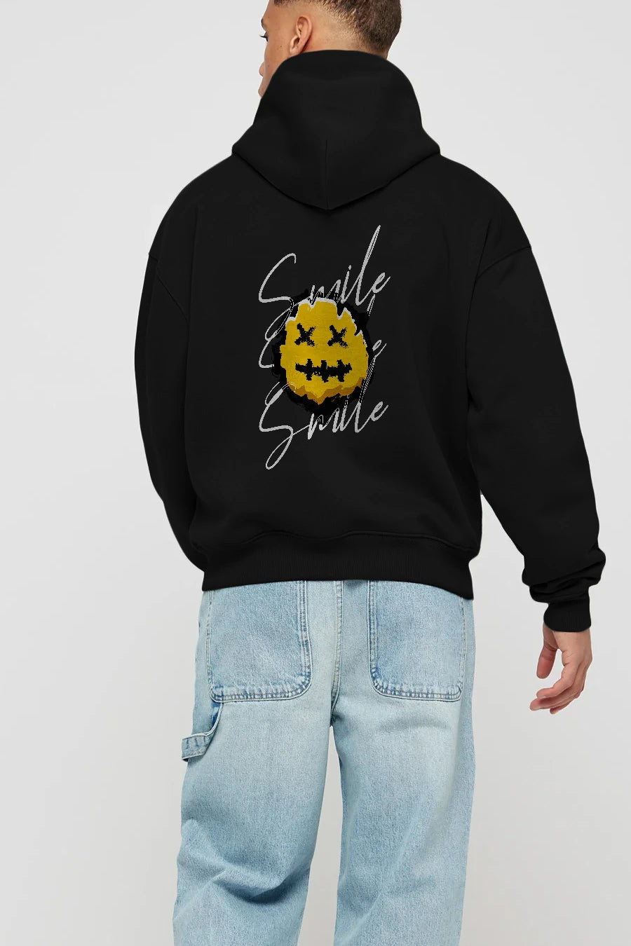 Smile Emoji Arka Baskılı Hoodie Oversize Kapüşonlu Sweatshirt Erkek Kadın Unisex