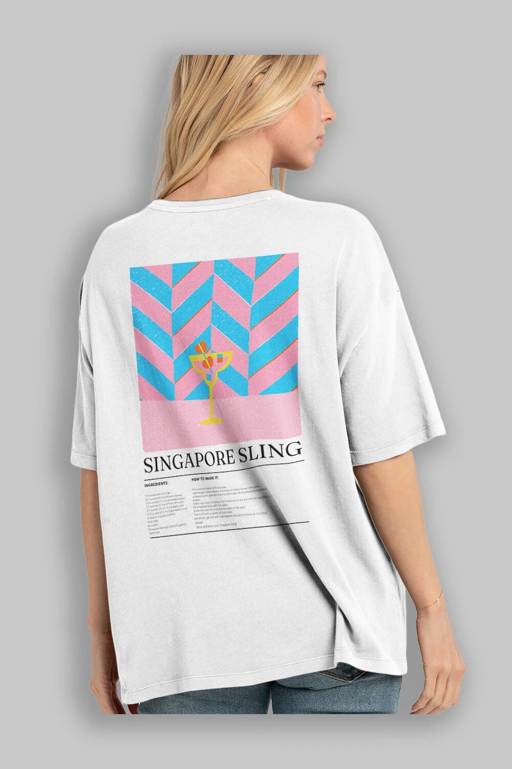 Singapore Sling Kokteyl Serisi Arka Baskılı Oversize t-shirt Erkek Kadın %100 Pamuk Bisiklet Yaka tişort
