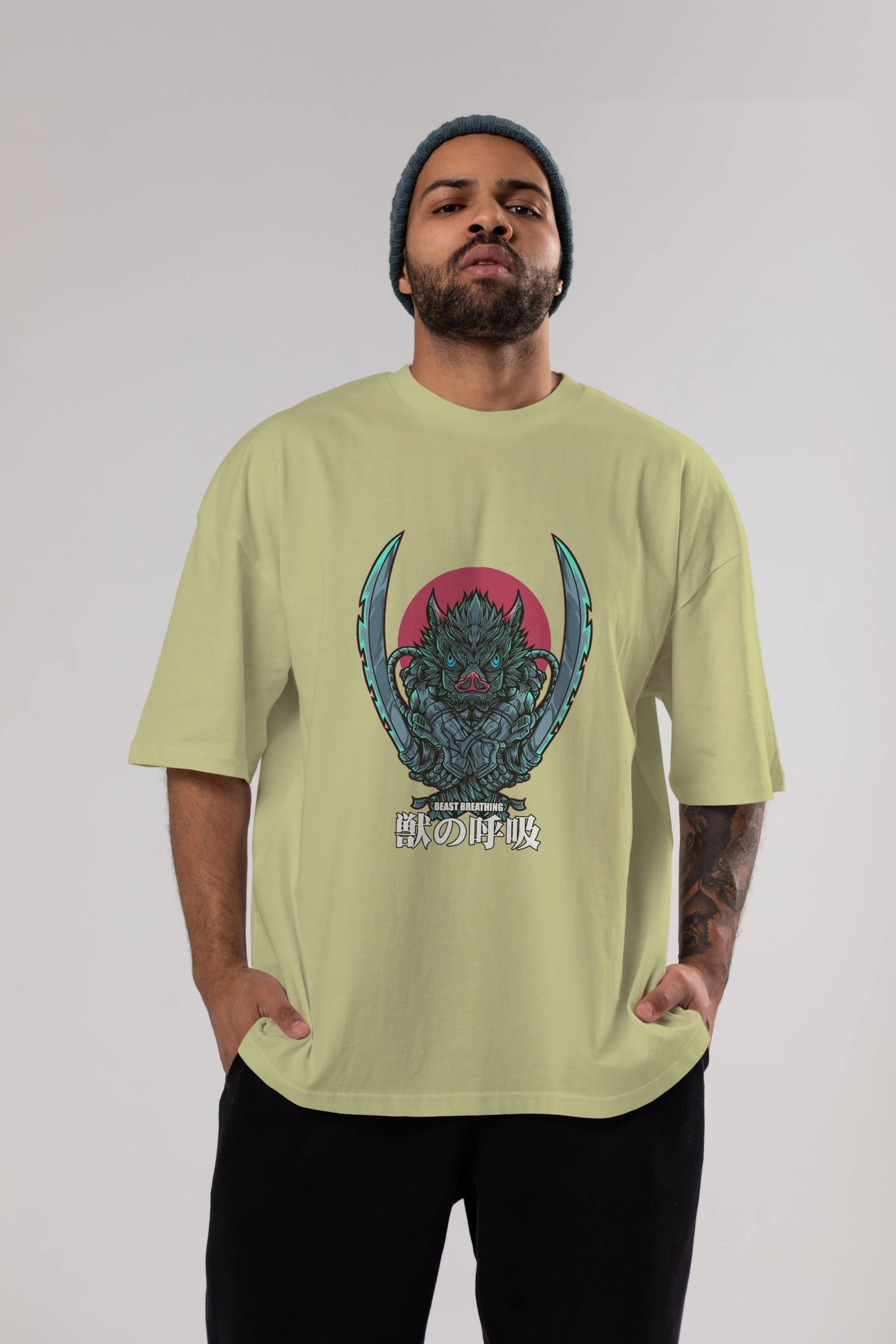 Inosuke DEMON SLAYER Anime Ön Baskılı Oversize t-shirt %100 pamuk Erkek Kadın Unisex
