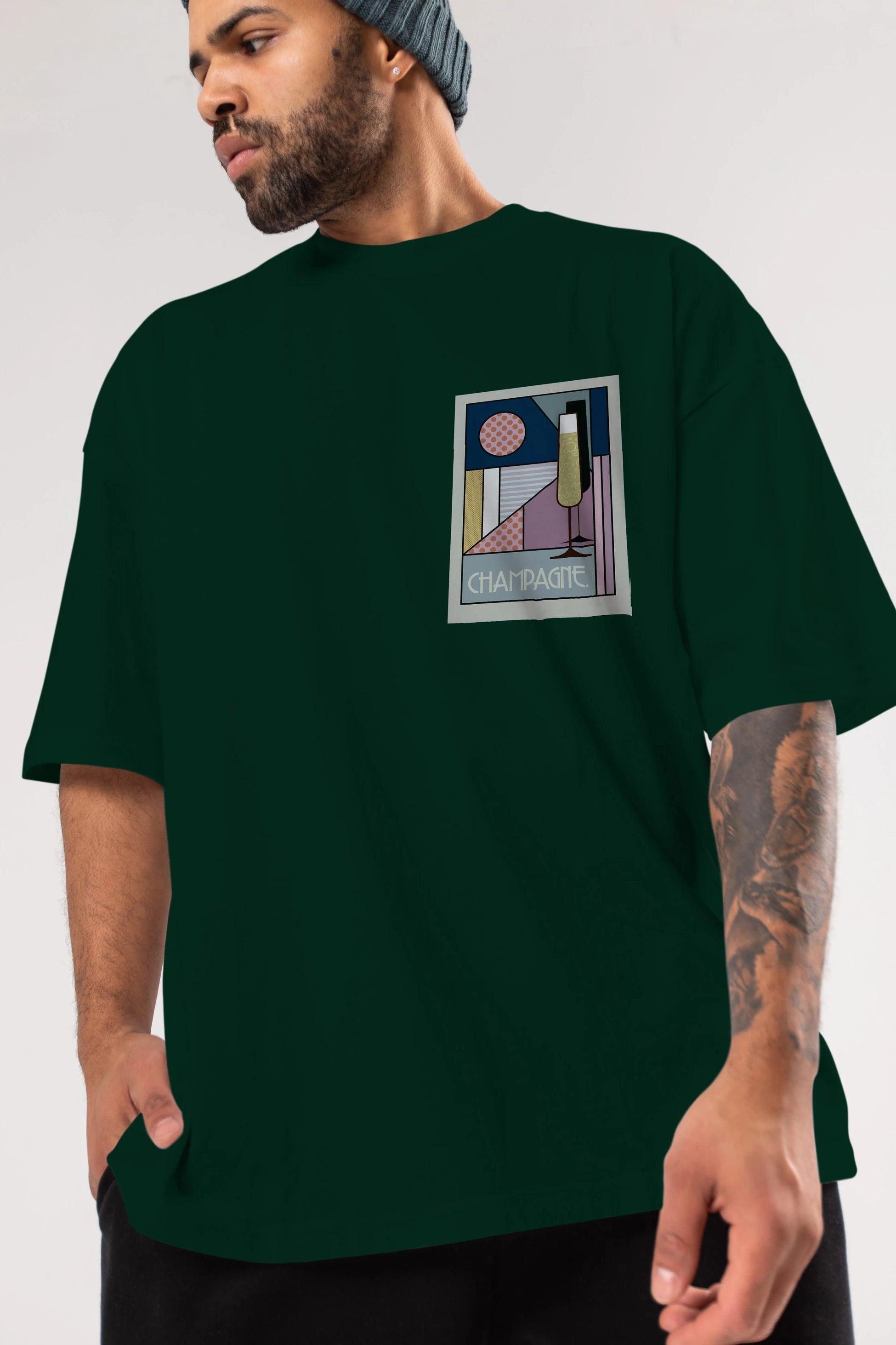 Champagne Ön Sol Baskılı Oversize t-shirt Erkek Kadın Unisex %100 Pamuk Bisiklet Yaka tişort