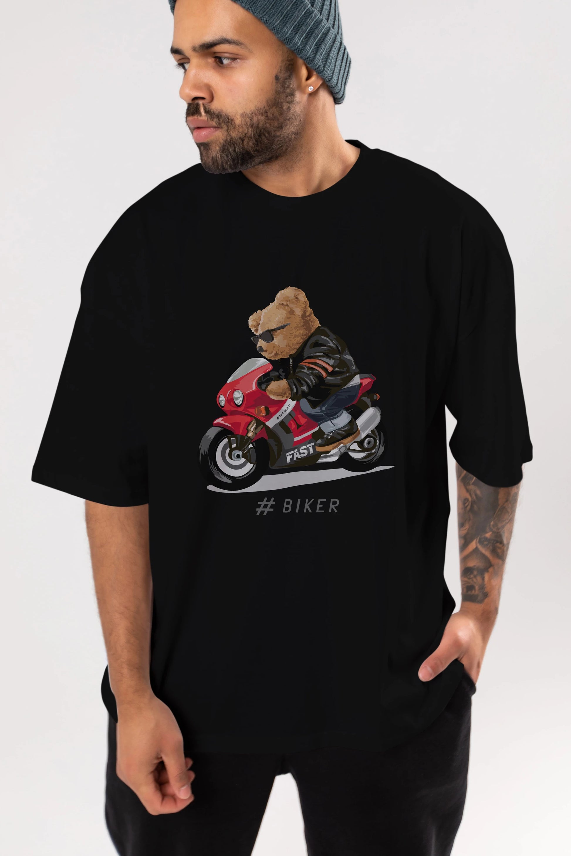 Teddy Bear Biker Ön Baskılı Oversize t-shirt Erkek Kadın Unisex %100 Pamuk