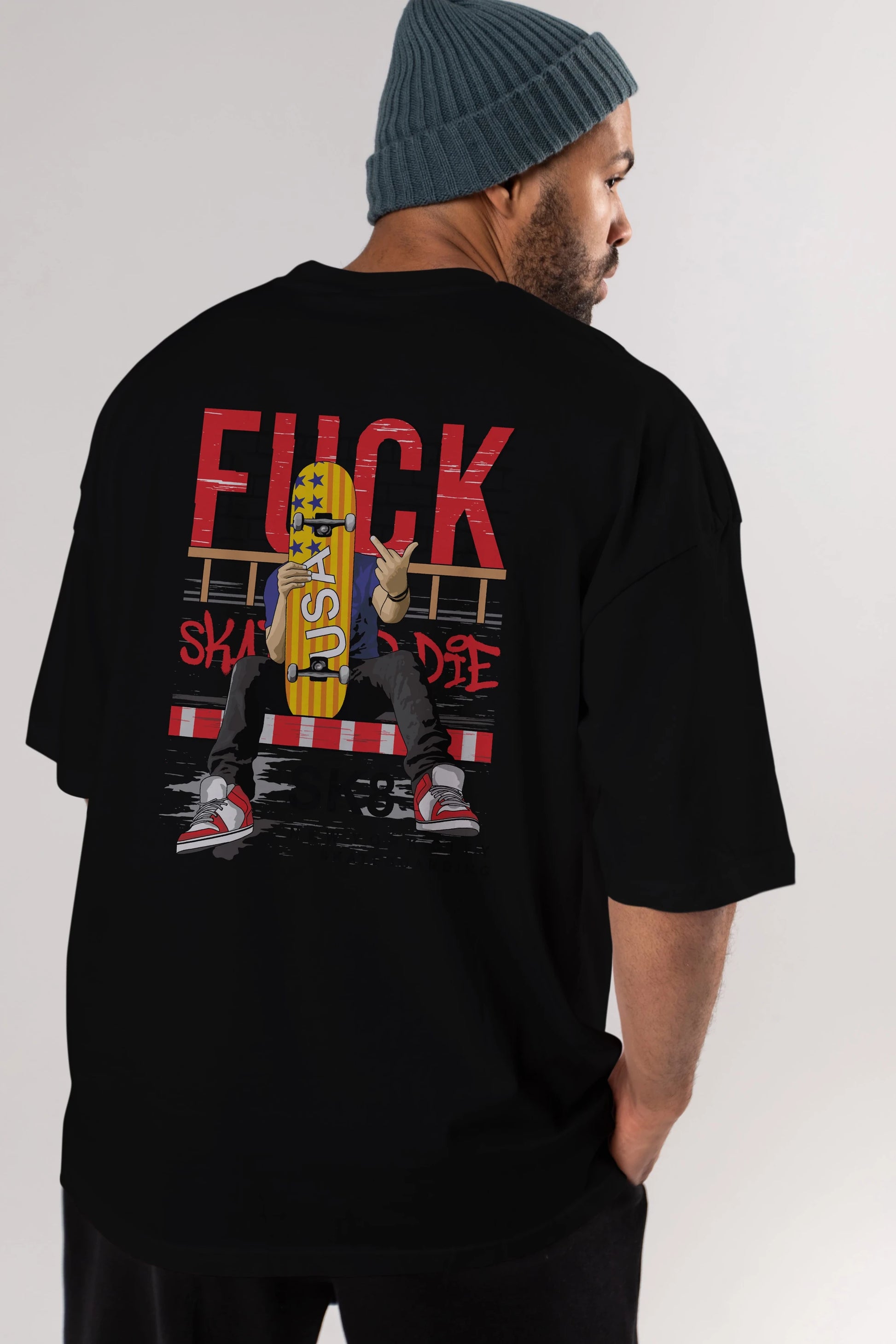Skate or Die Arka Baskılı Oversize t-shirt Erkek Kadın Unisex