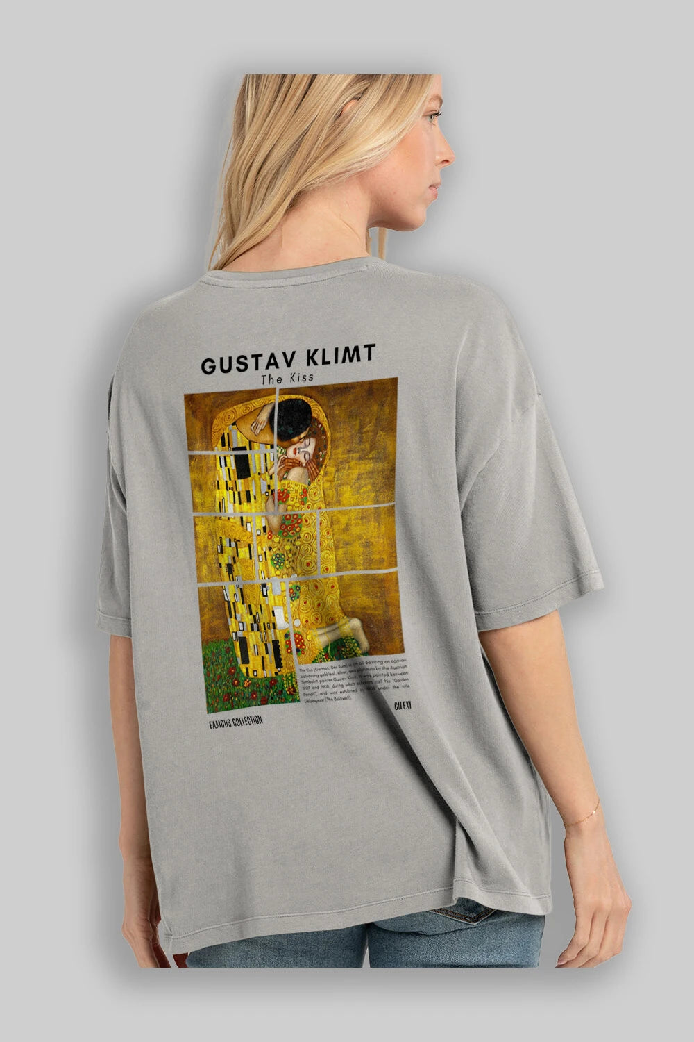 Gustav Klimt The Kiss Arka Baskılı Oversize t-shirt Erkek Kadın Bisiklet Yaka Pamuk tişort