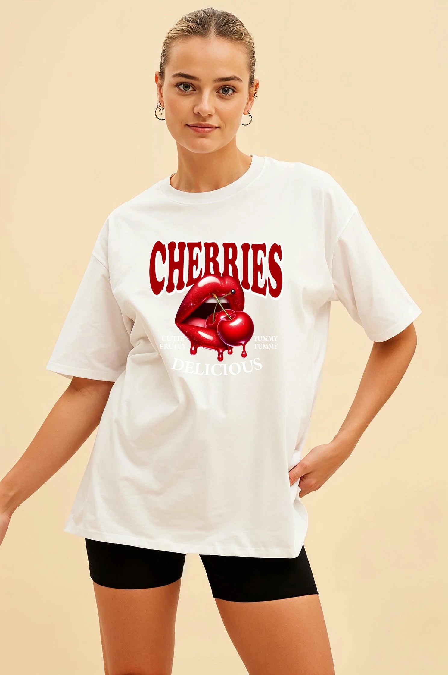 Cherry Cherries 2 Ön Baskılı Oversize t-shirt Erkek Kadın Pamuk Bisiklet Yaka tişort