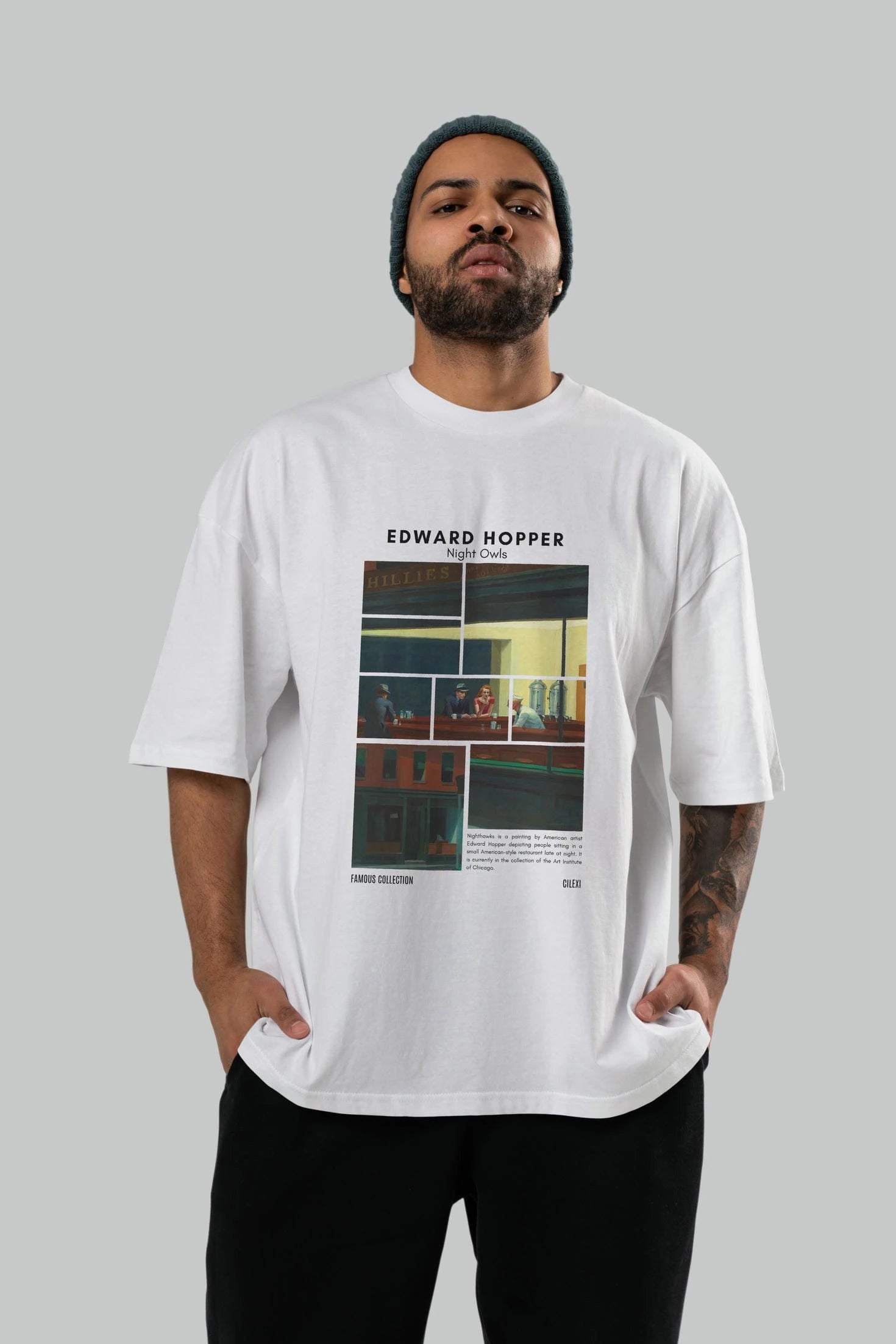 Edward Hopper Night Owls ön Baskılı Oversize t-shirt Erkek Kadın Bisiklet Yaka Pamuk tişort
