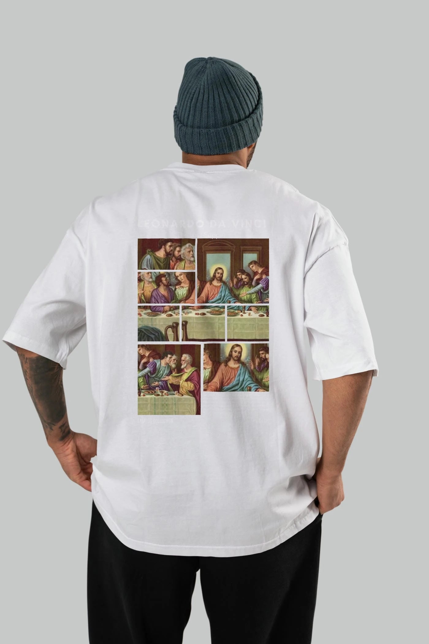 Leonardo Da Vinci Arka Baskılı Oversize t-shirt Erkek Kadın Bisiklet Yaka Pamuk tişort