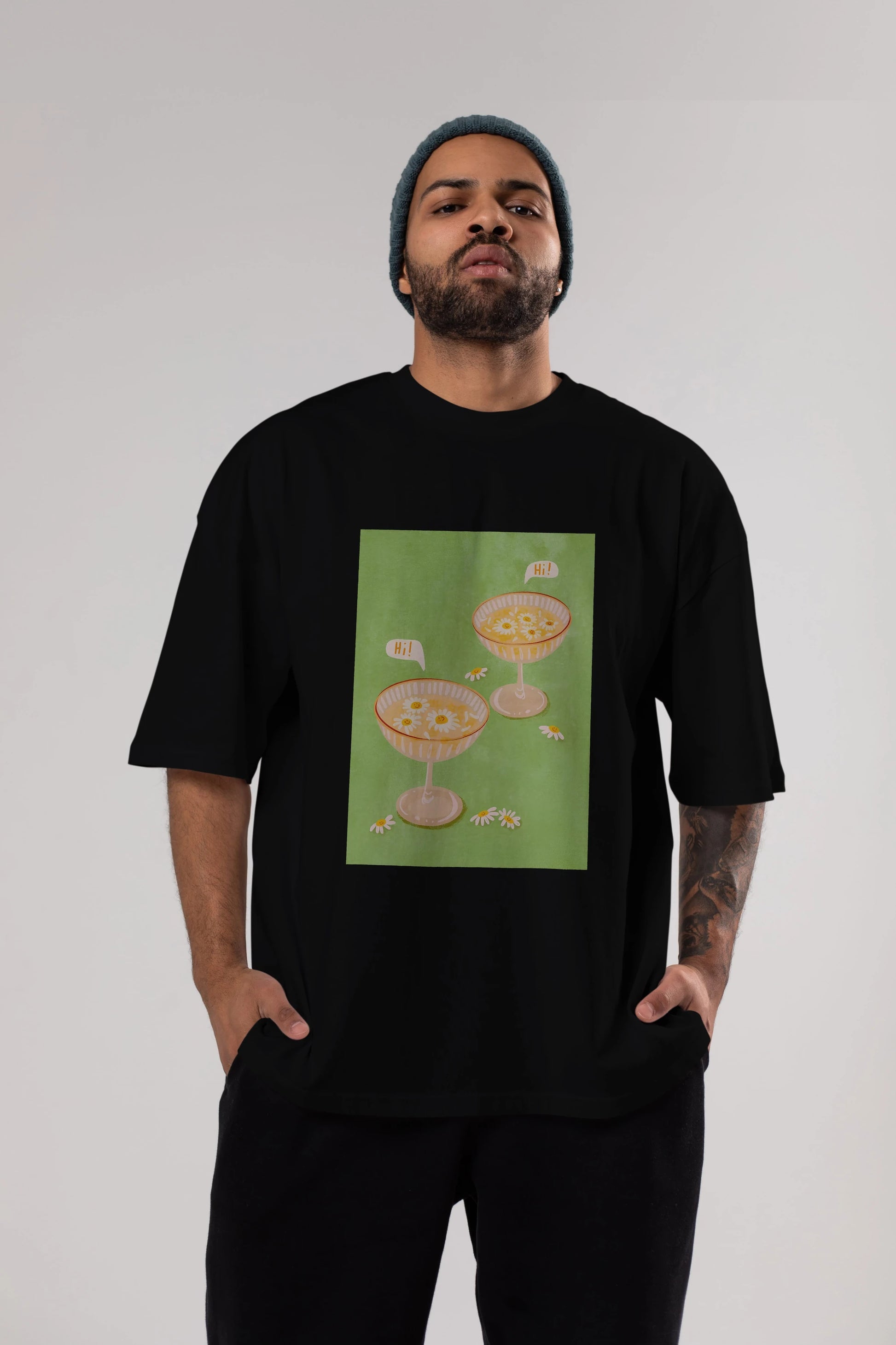 Hi Cheers Ön Baskılı Oversize t-shirt Erkek Kadın Unisex %100 Pamuk Bisiklet Yaka tişort
