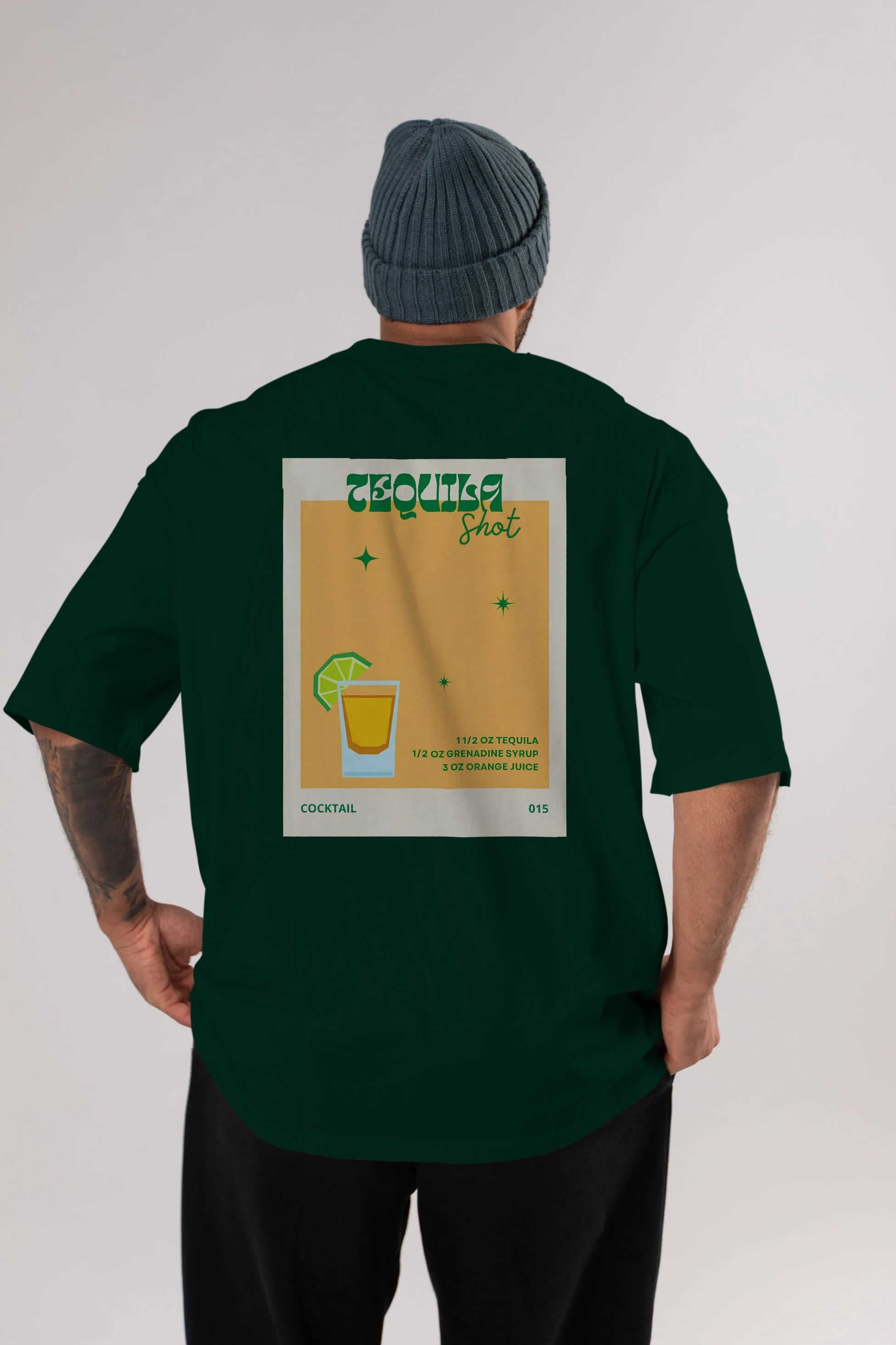 Tequila Shot 2 Arka Baskılı Oversize t-shirt Erkek Kadın Unisex %100 Pamuk Bisiklet Yaka tişort