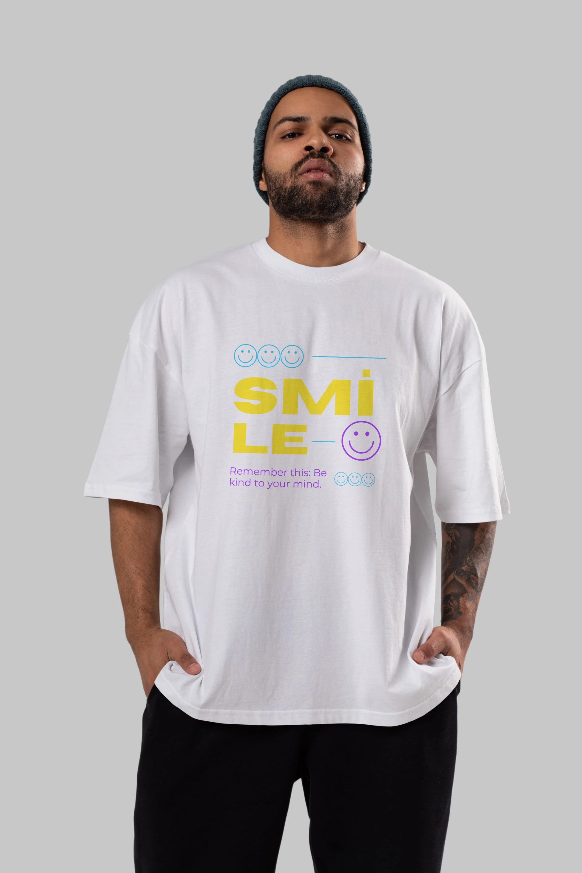 Smile Yazılı 2 Ön Baskılı Oversize t-shirt Erkek Kadın Unisex