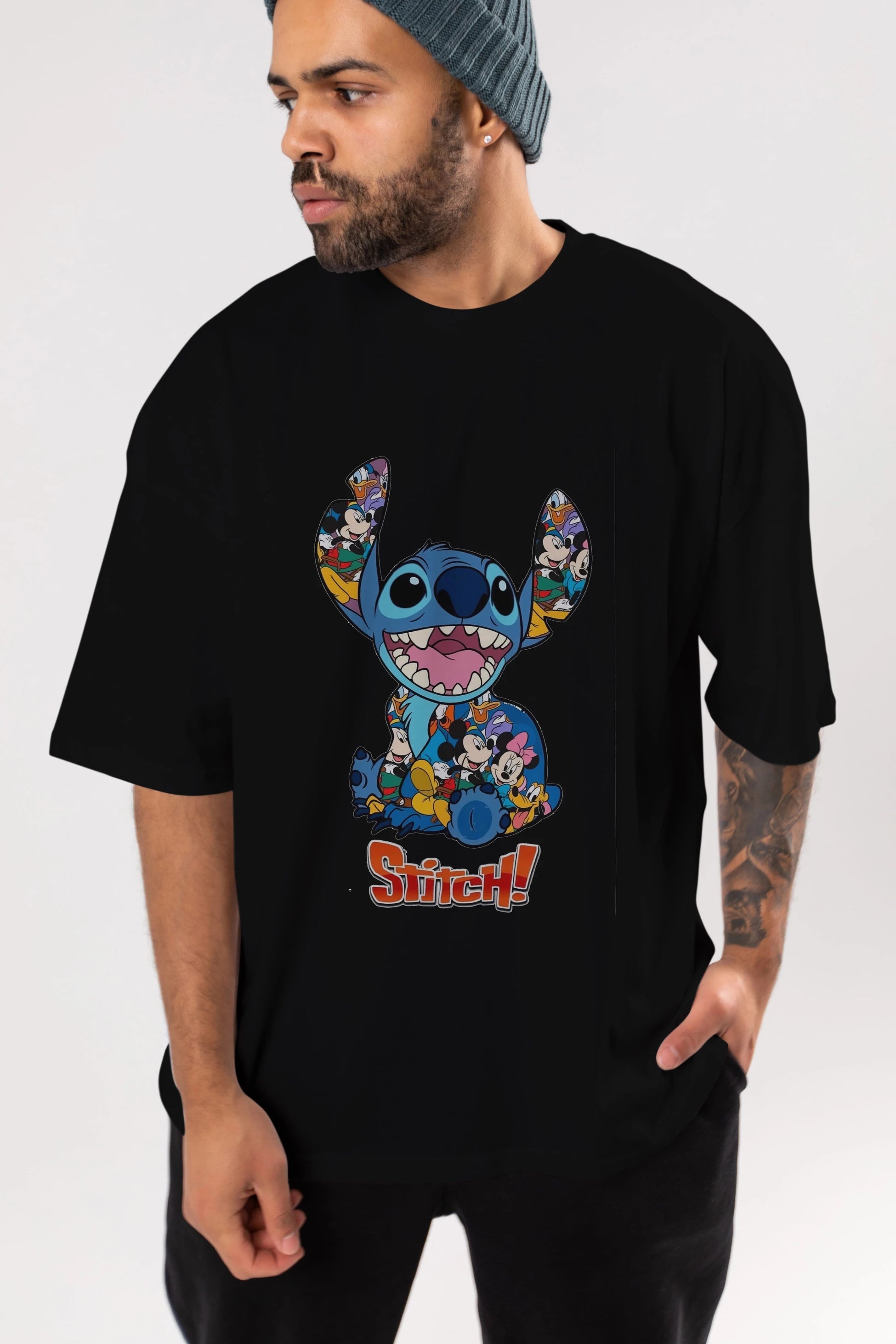 Stitch Ön Baskılı Oversize t-shirt Erkek Kadın Unisex %100 Pamuk Bisiklet Yaka tişort