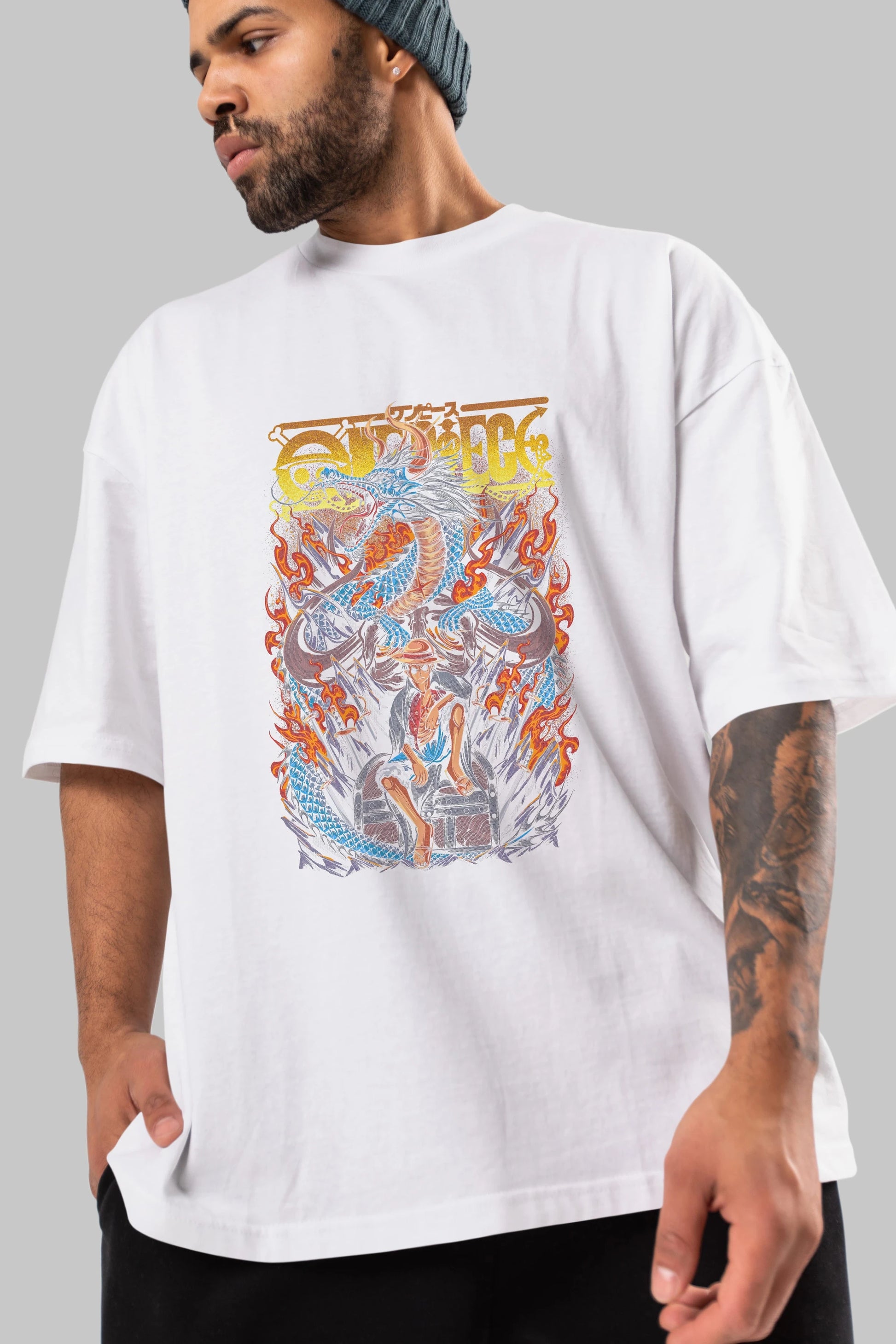 MONKEY D. LUFF-ONE PIECE Anime Ön Baskılı Oversize t-shirt %100 pamuk Erkek Kadın Unisex