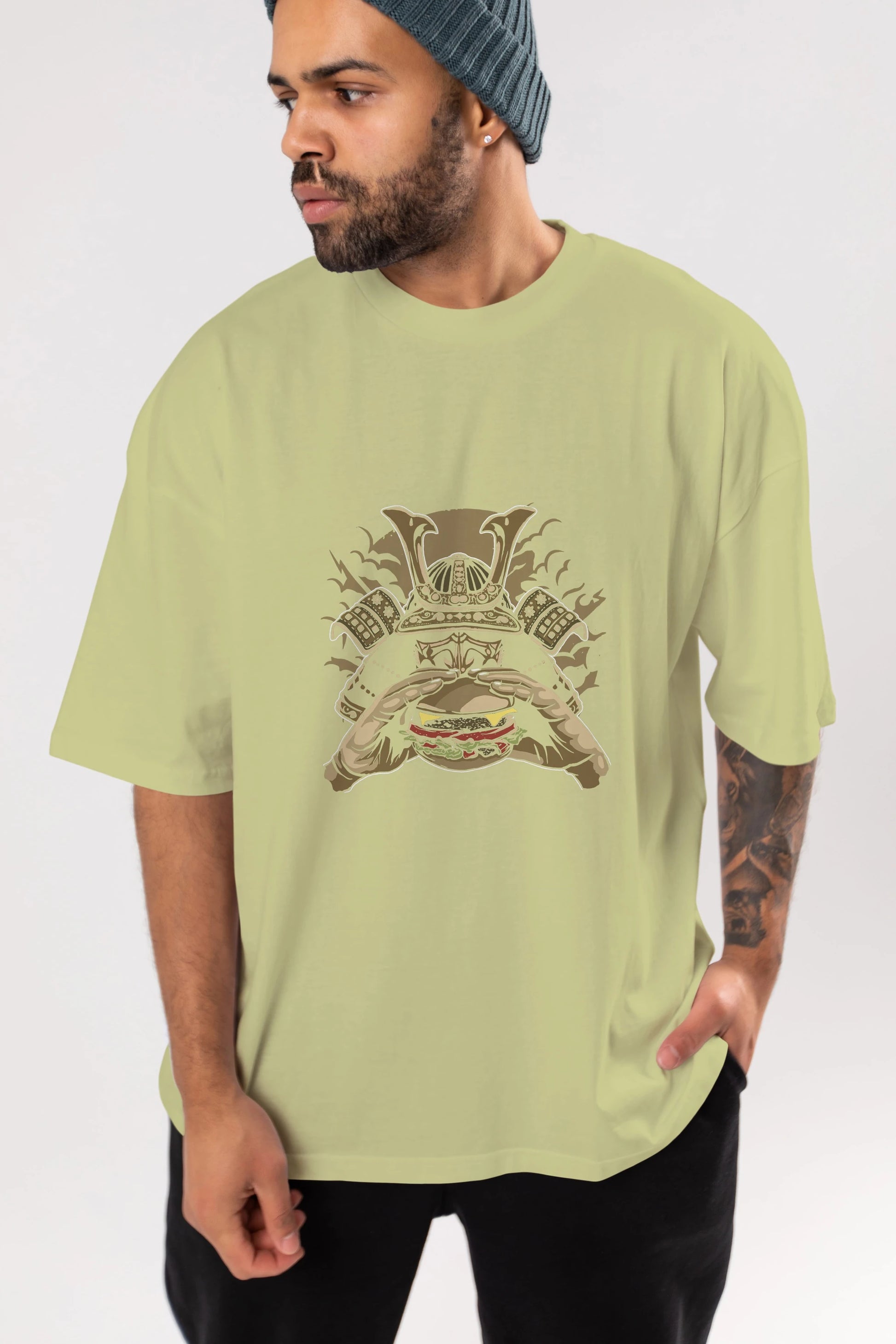 Samurai Burger Ön Baskılı Oversize t-shirt Erkek Kadın Unisex %100 Pamuk tişort