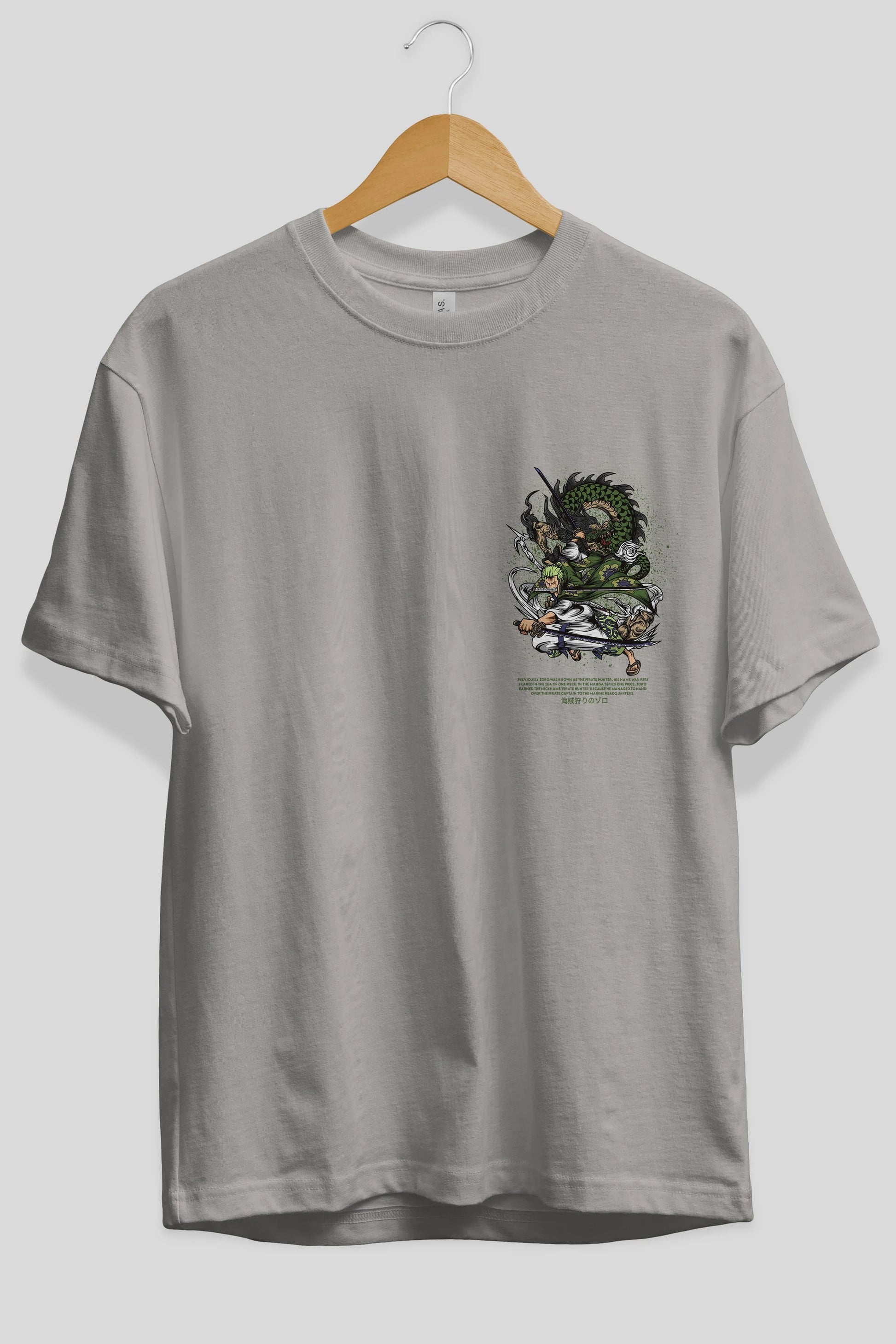 Zoro-ONE PIECE Ön Sol Baskılı Oversize t-shirt Erkek Kadın Unisex %100 Pamuk Bisiklet Yaka tişort