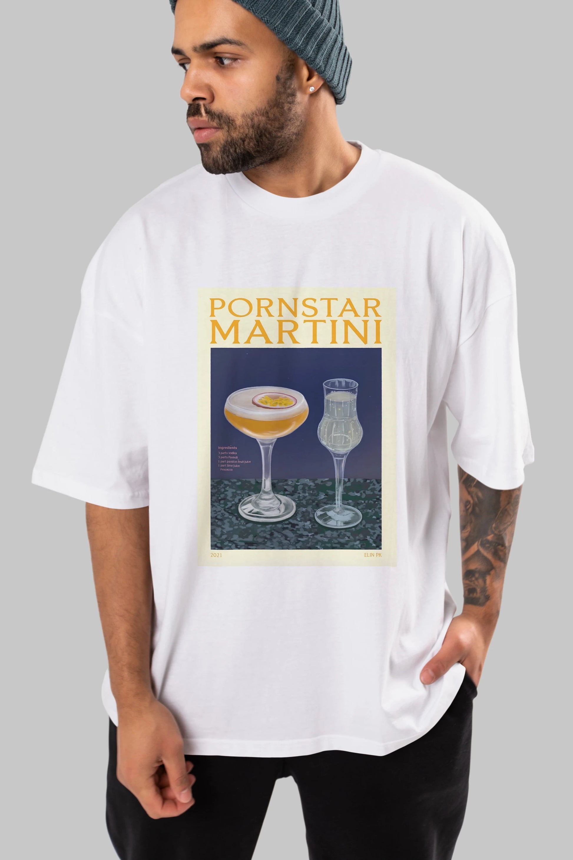 P.rnstar Martini Ön Baskılı Oversize t-shirt Erkek Kadın Unisex %100 Pamuk Bisiklet Yaka tişort