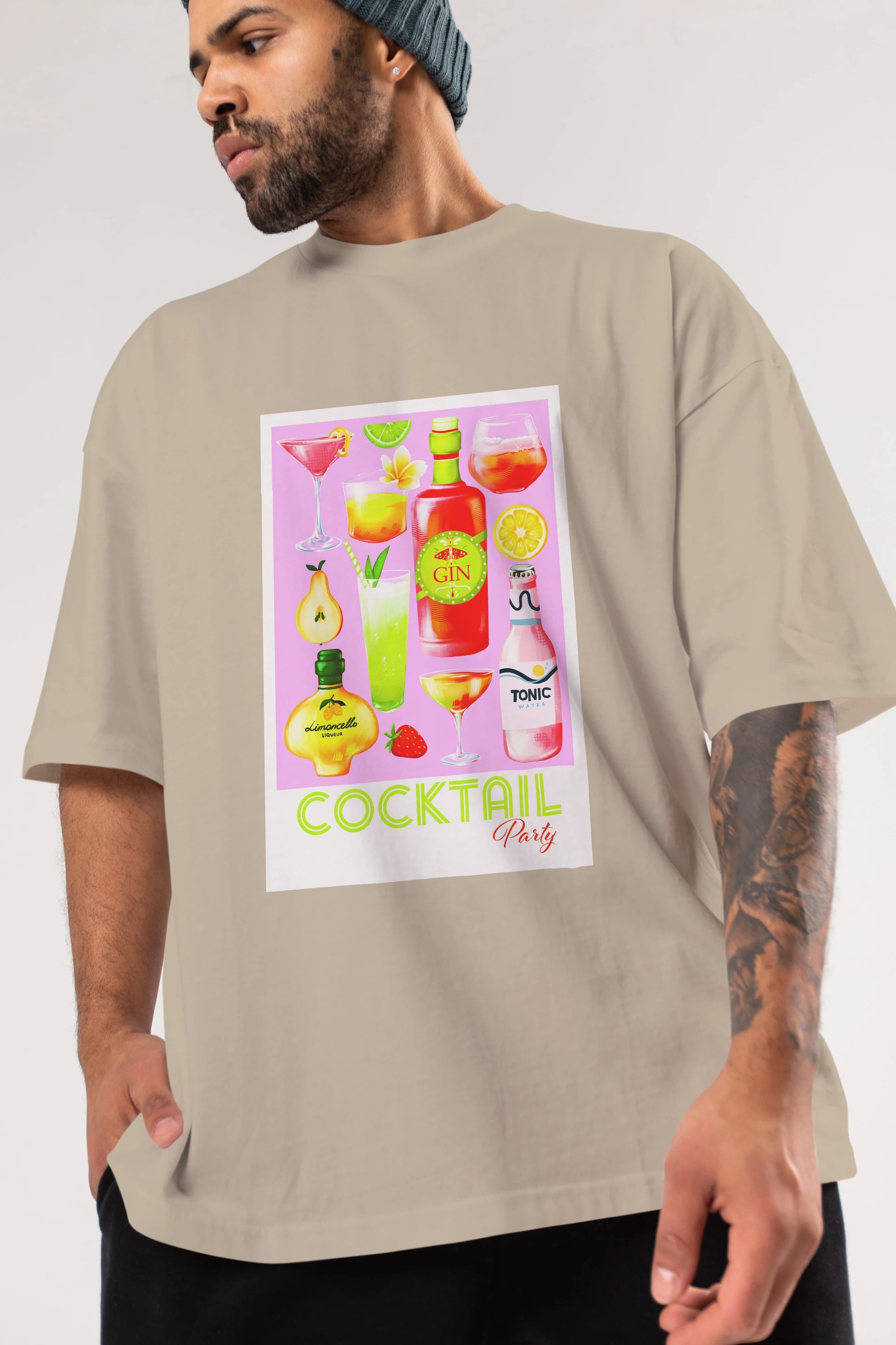 Cocktail Party Ön Baskılı Oversize t-shirt Erkek Kadın Unisex %100 Pamuk Bisiklet Yaka tişort