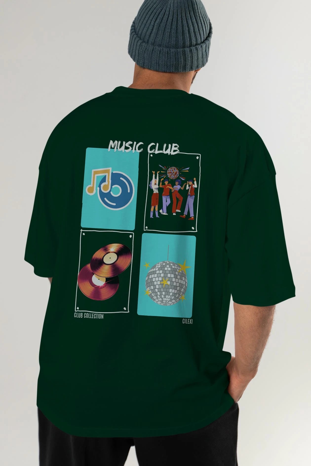 Music Club Arka Baskılı Oversize t-shirt Erkek Kadın %100 Pamuk Bisiklet Yaka tişort
