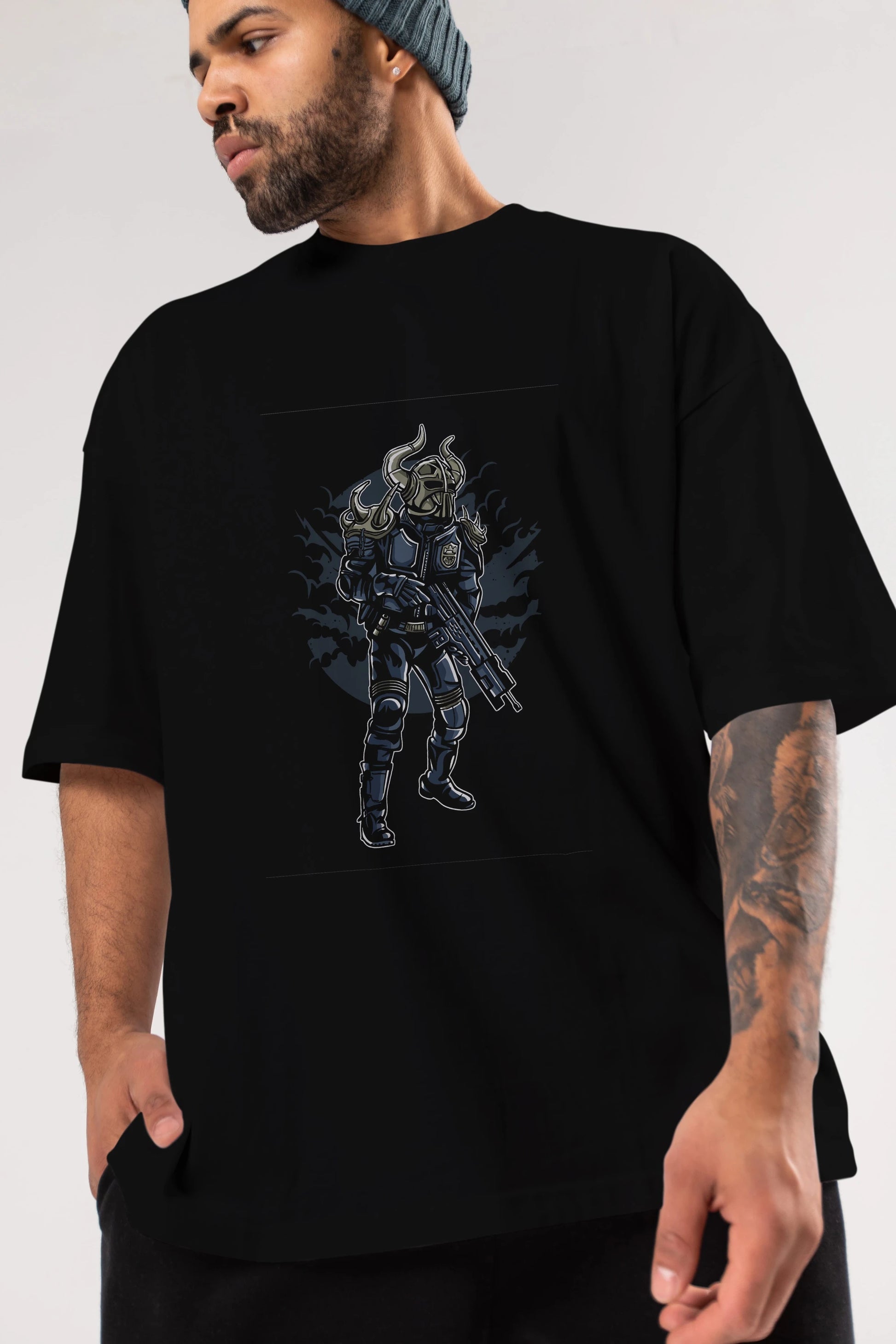 Viking Soldier Ön Baskılı Oversize t-shirt Erkek Kadın Unisex %100 Pamuk tişort