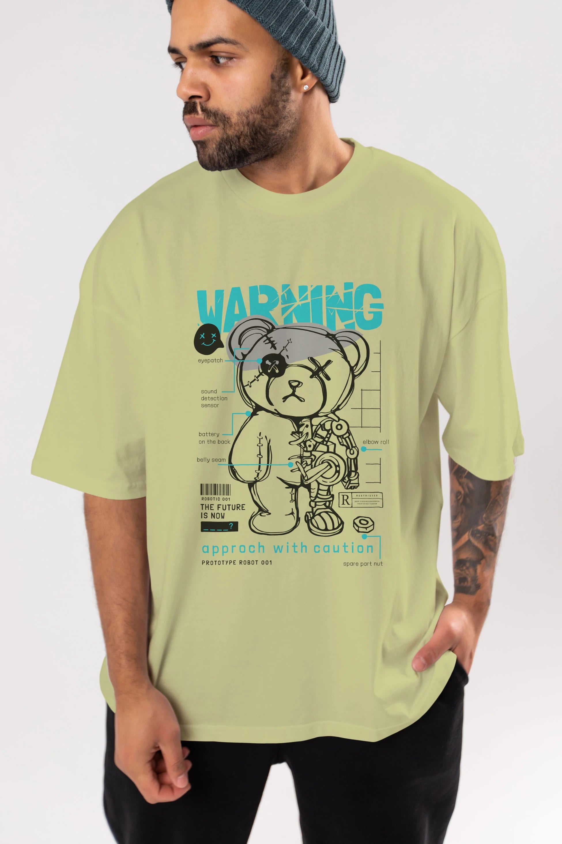 Teddy Bear Warning Ön Baskılı Oversize t-shirt Erkek Kadın Unisex