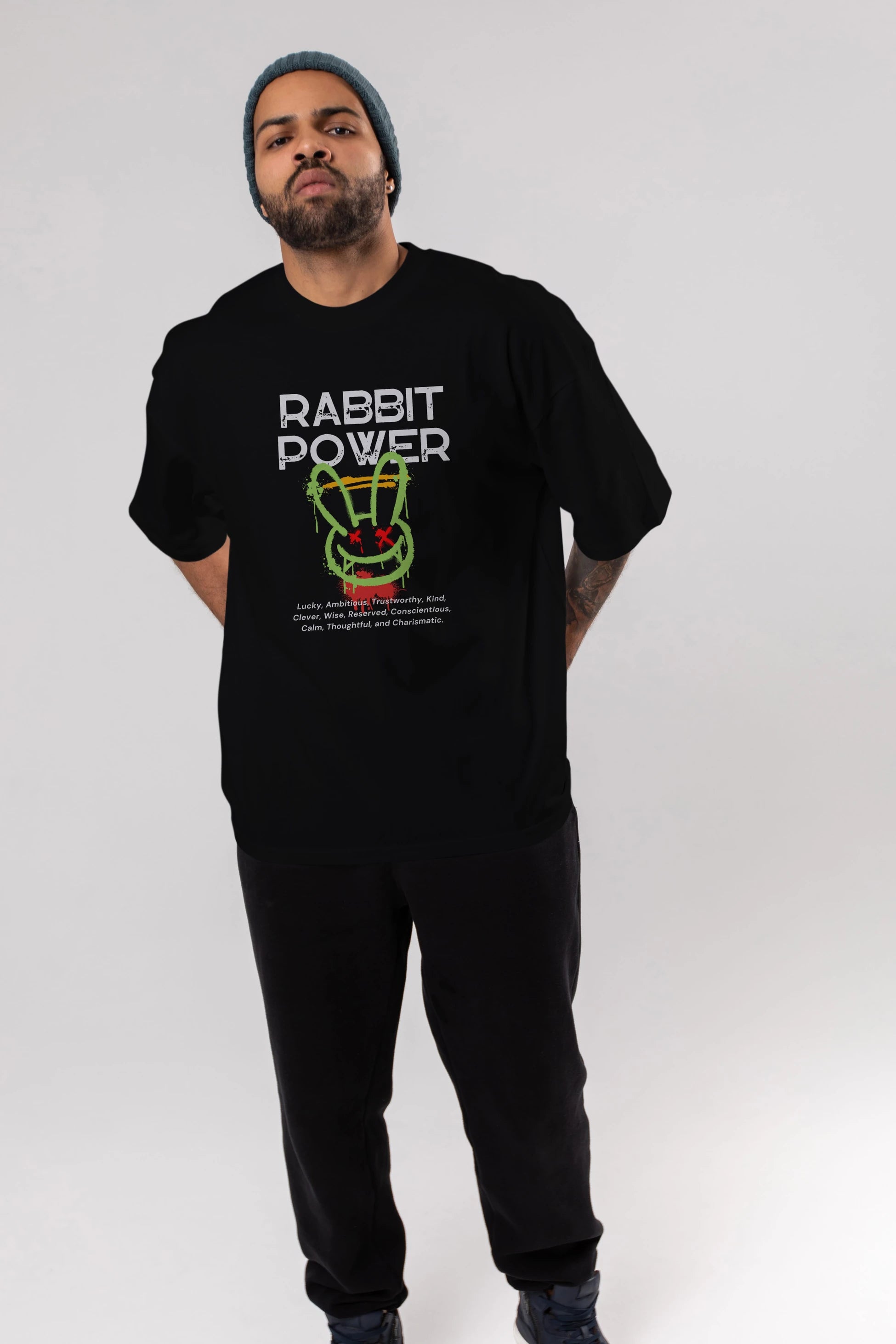Rabbit Power Yazılı Ön Baskılı Oversize t-shirt Erkek Kadın Unisex