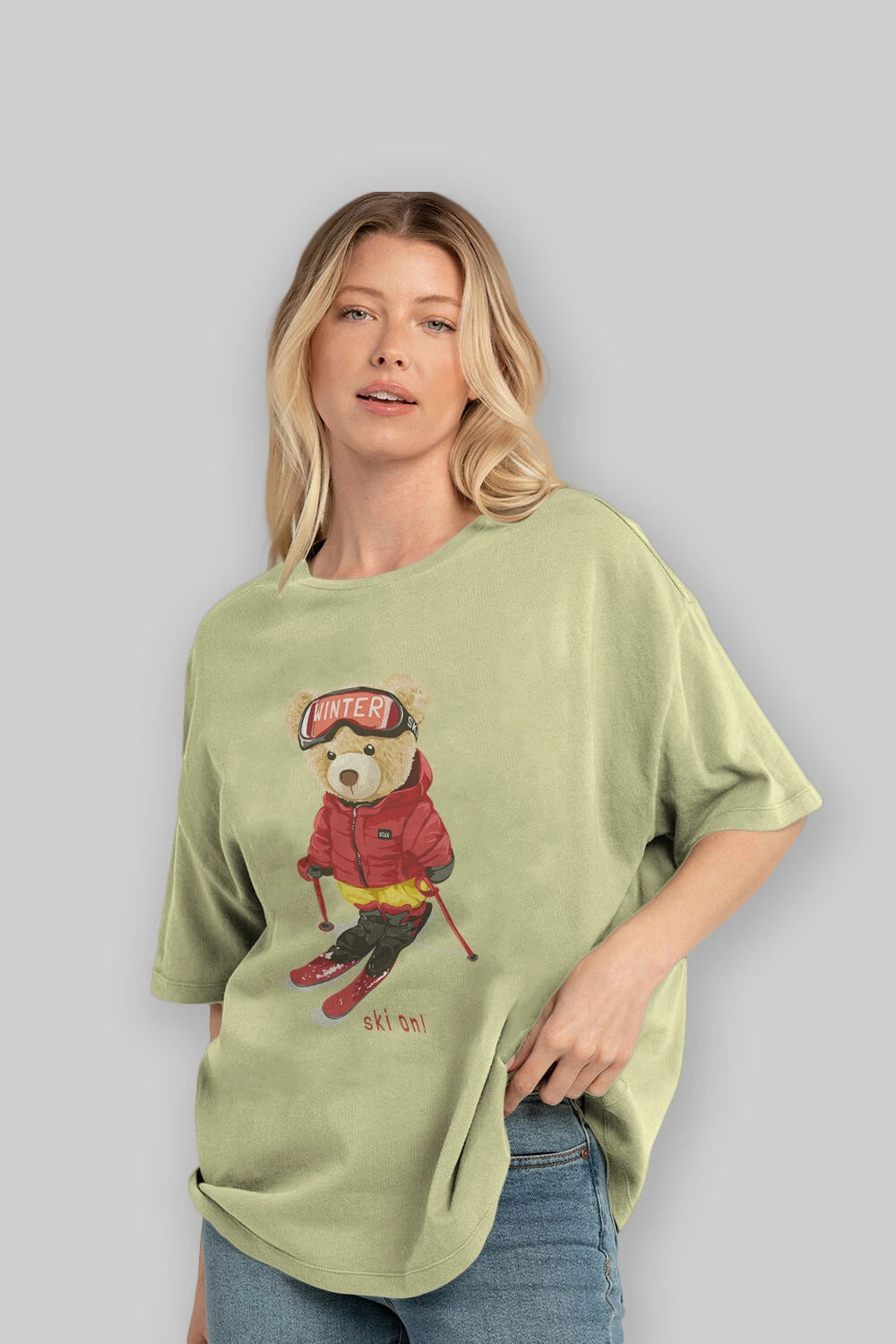 Teddy Bear Ski On Ön Baskılı Oversize t-shirt Erkek Kadın Unisex %100 Pamuk