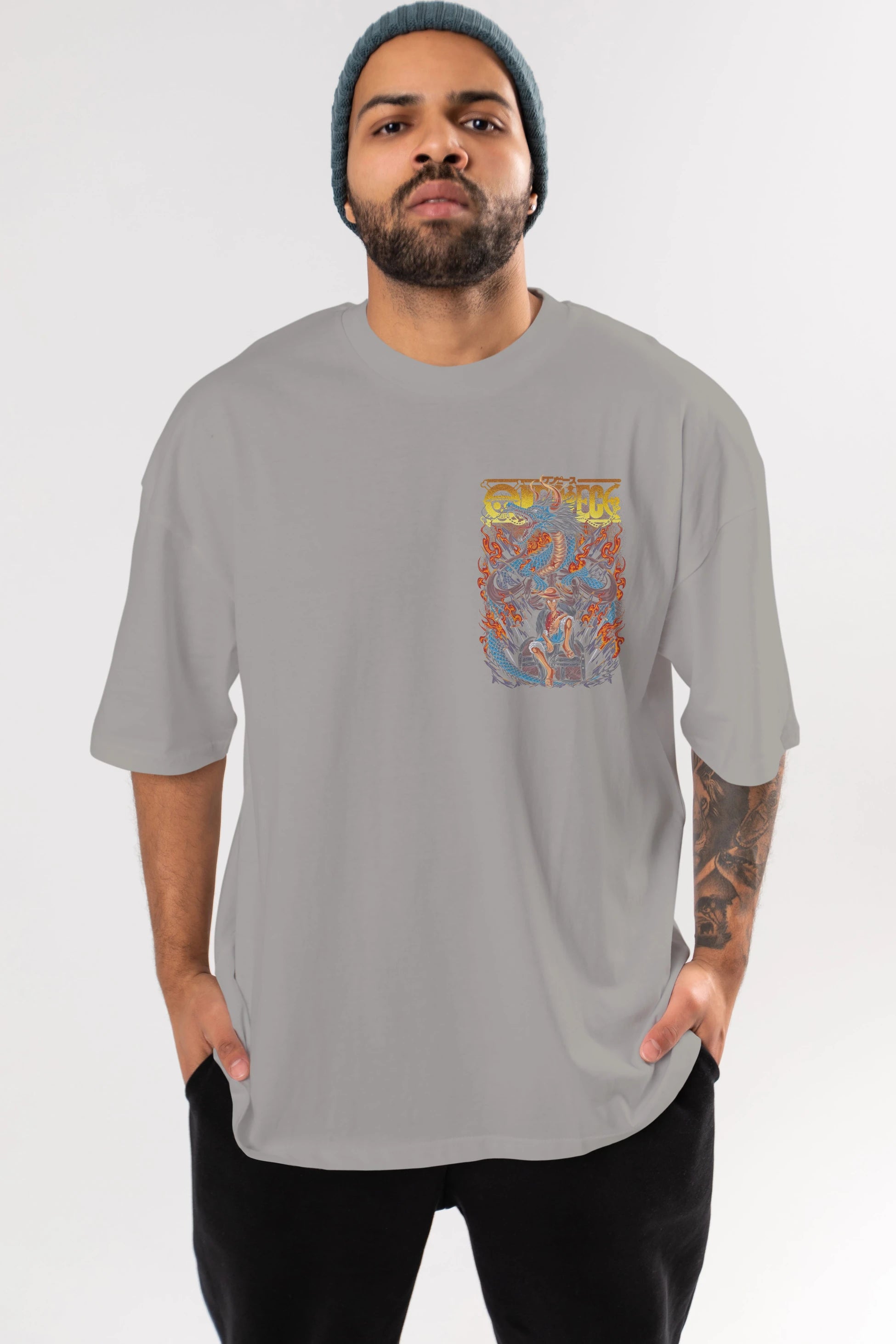 MONKEY D. LUFF-ONE PIECE Ön Sol Baskılı Oversize t-shirt Erkek Kadın Unisex %100 Pamuk Bisiklet Yaka tişort
