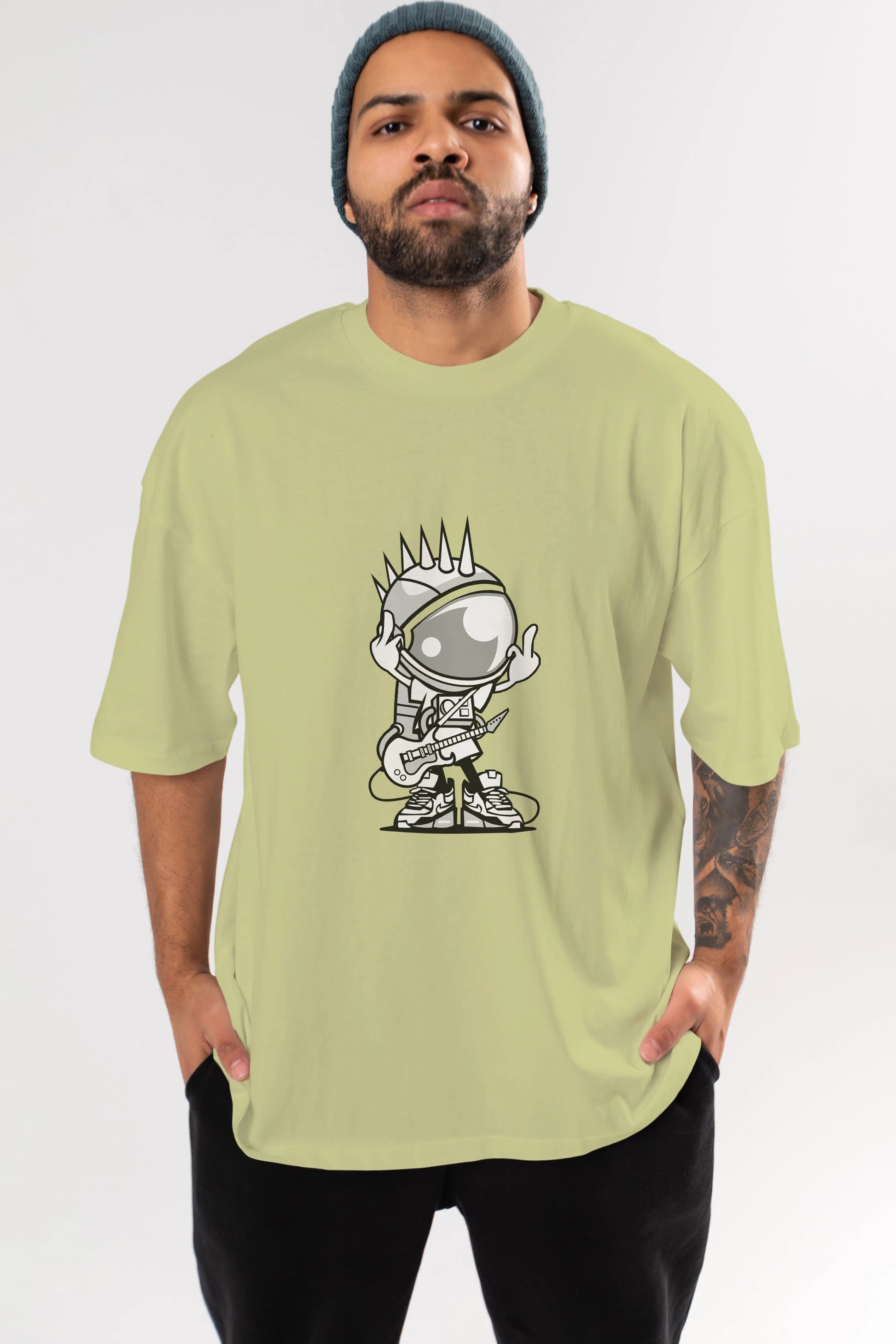 Astronaut Punk Rock Ön Baskılı Oversize t-shirt Erkek Kadın Unisex %100 Pamuk tişort