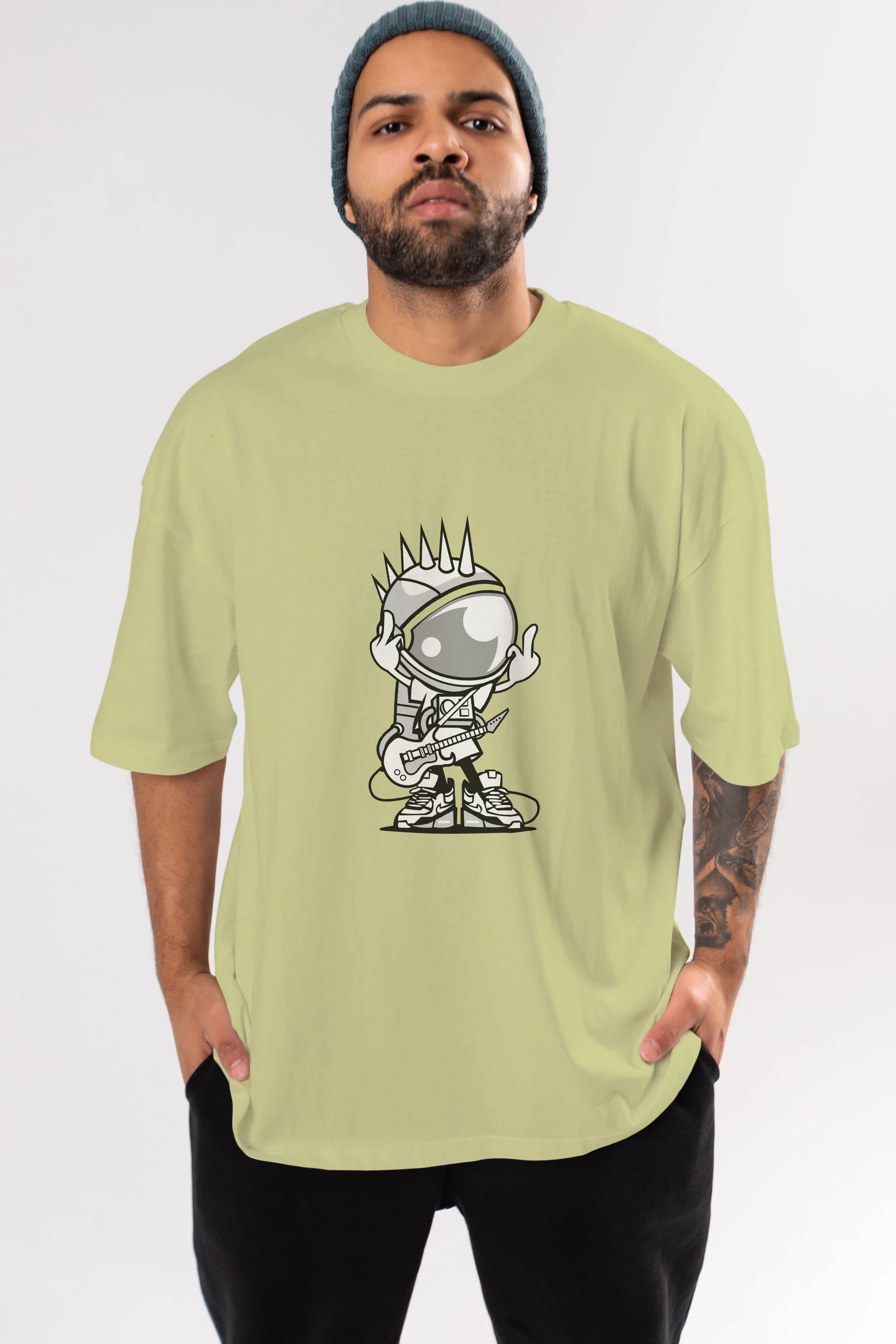 Astronaut Punk Rock Ön Baskılı Oversize t-shirt Erkek Kadın Unisex %100 Pamuk tişort