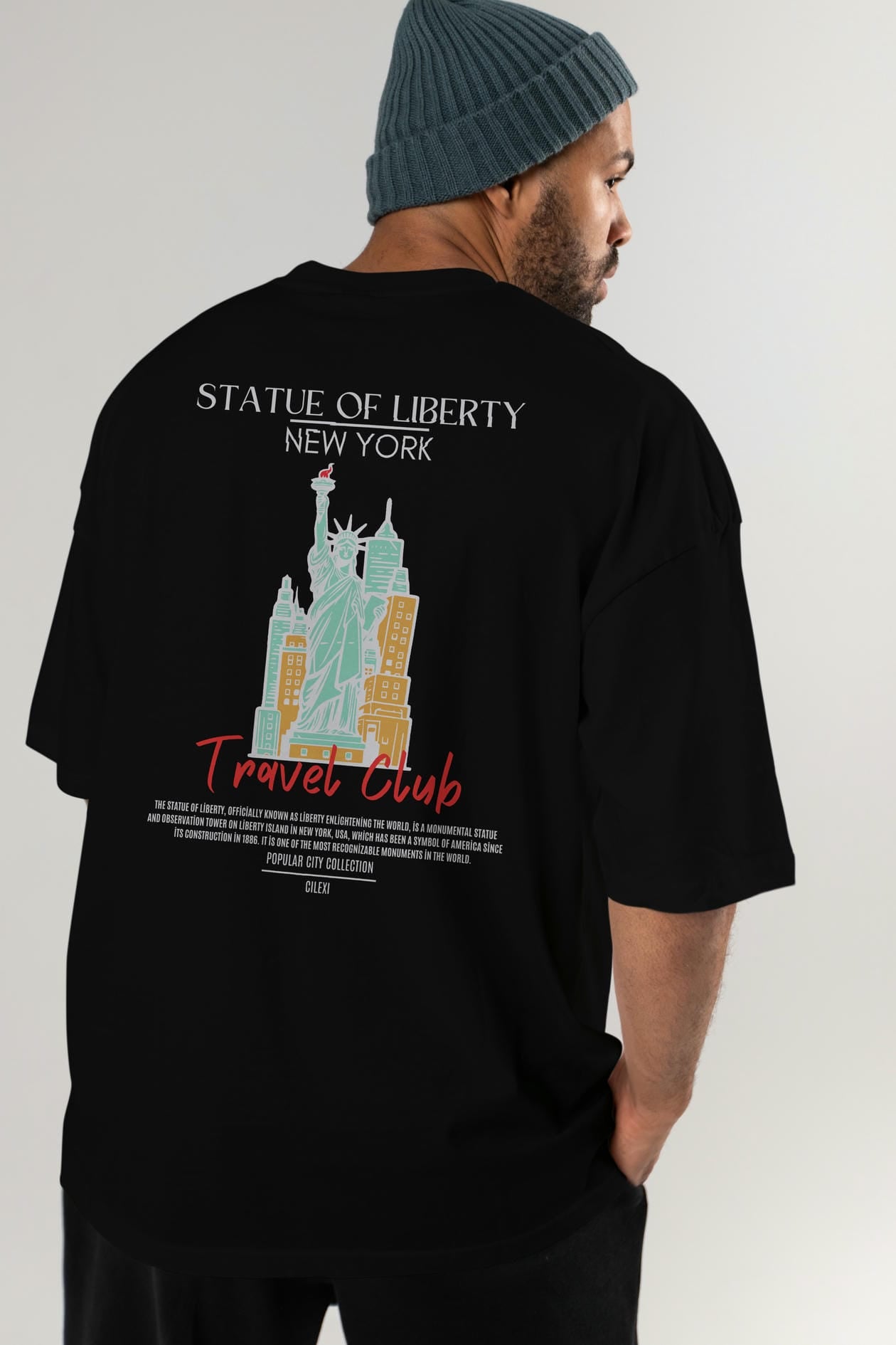 Statue Of Liberty New York Arka Baskılı Oversize t-shirt Erkek Kadın Pamuk Bisiklet Yaka tişort