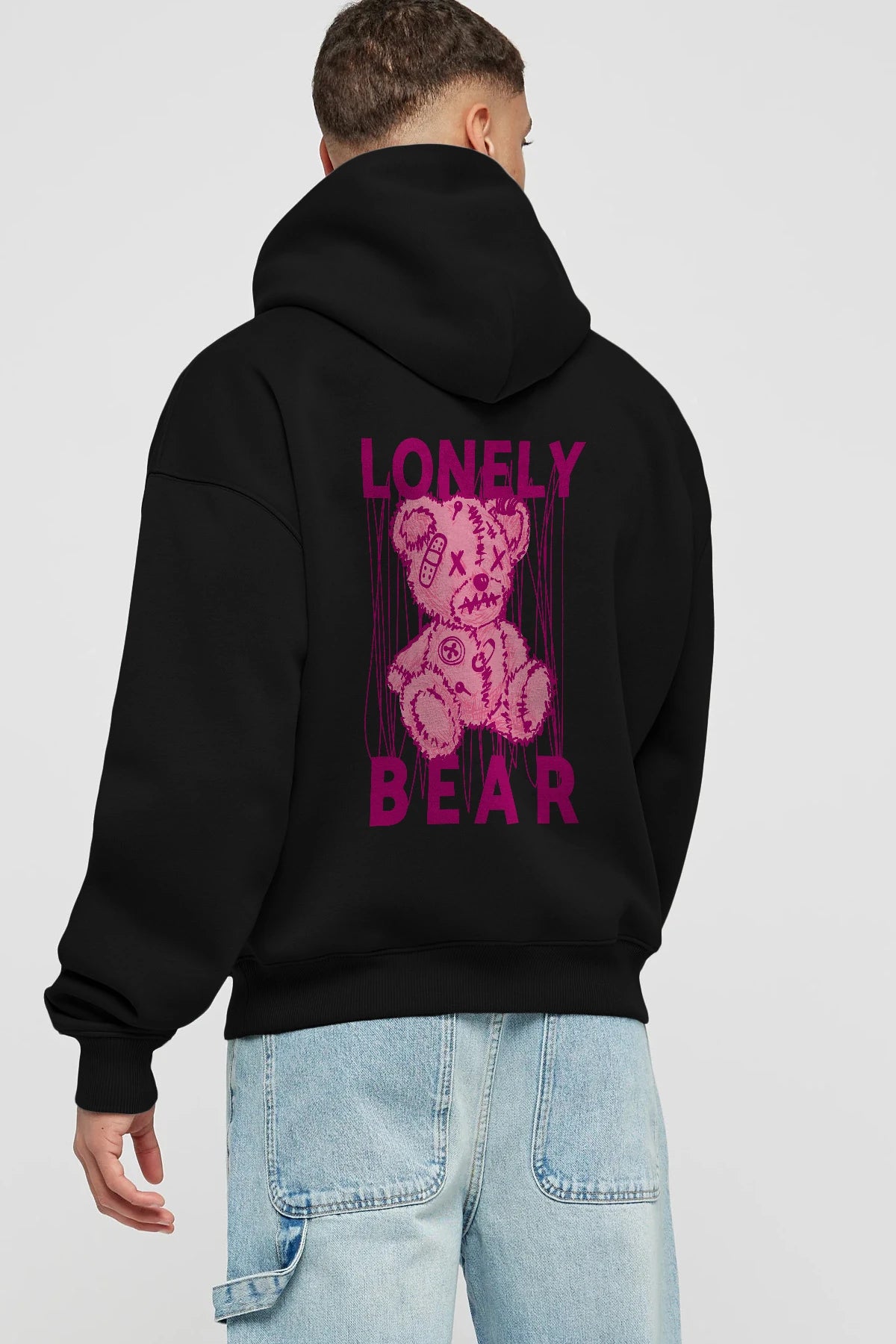 Lonely Bear Arka Baskılı Hoodie Oversize Kapüşonlu Sweatshirt Erkek Kadın Unisex