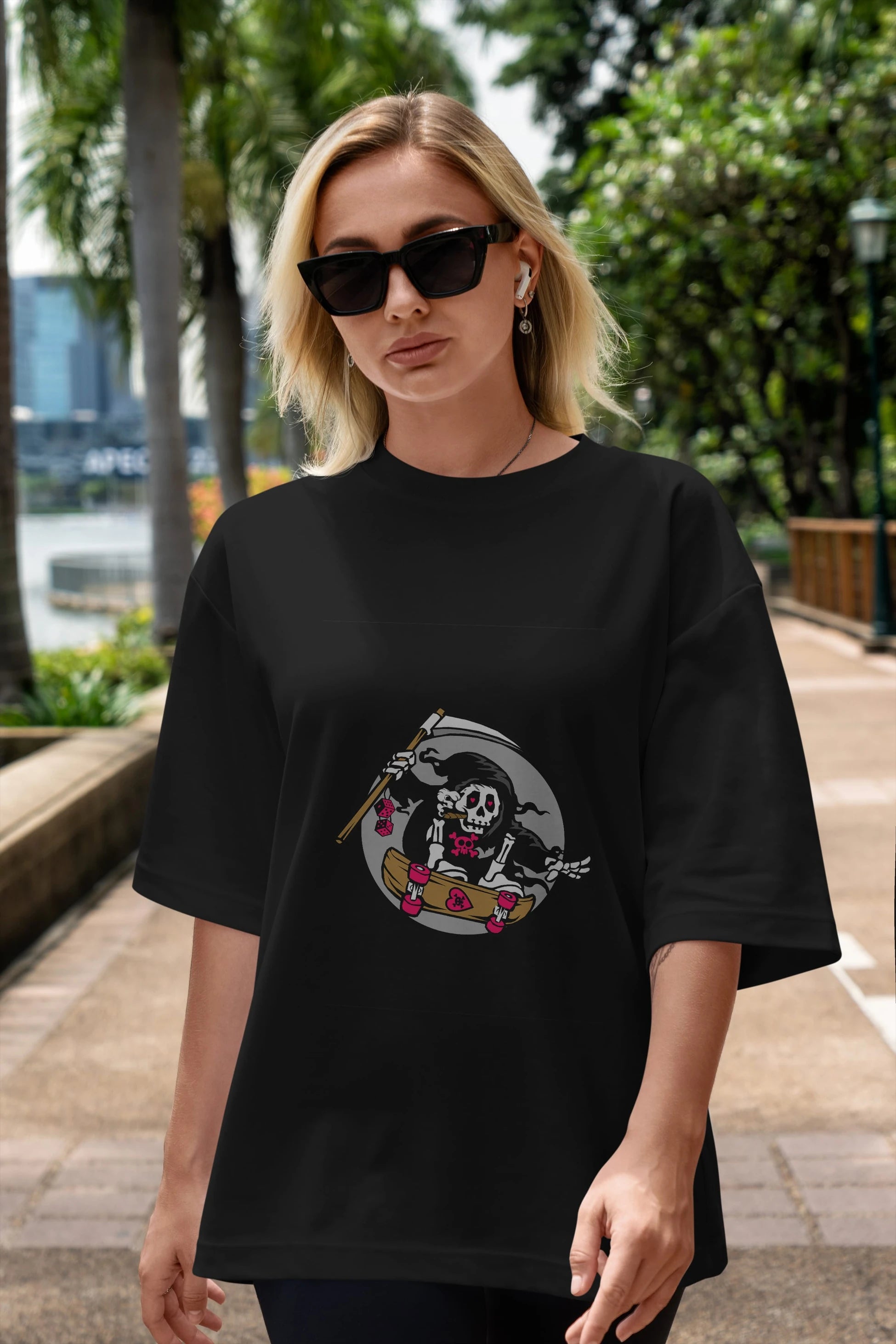 Grim Skater Ön Baskılı Oversize t-shirt Erkek Kadın Unisex %100 Pamuk tişort