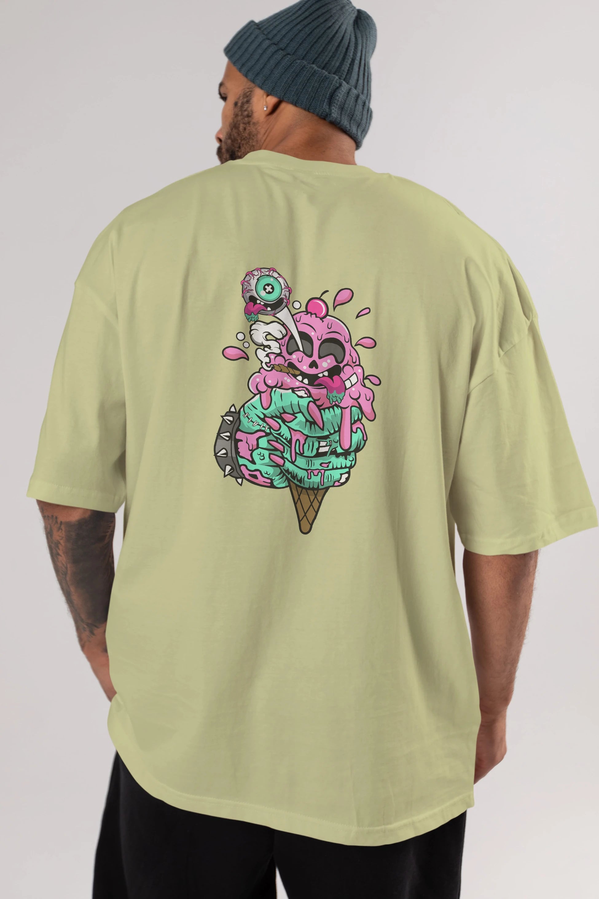 Ice Cream Zombie Arka Baskılı Oversize t-shirt Erkek Kadın Unisex %100 Pamuk tişort