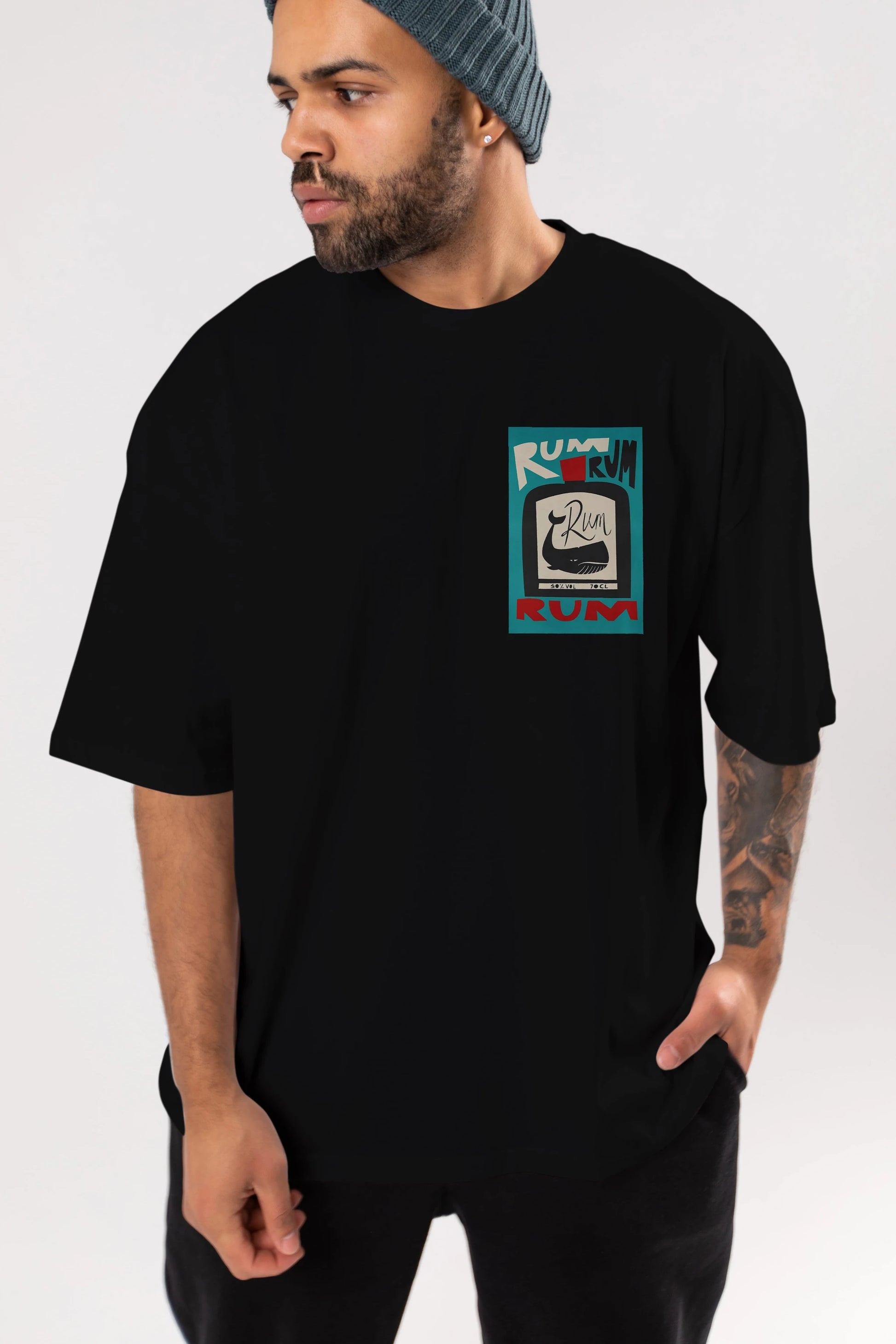 Rum Ön Sol Baskılı Oversize t-shirt Erkek Kadın Unisex %100 Pamuk Bisiklet Yaka tişort
