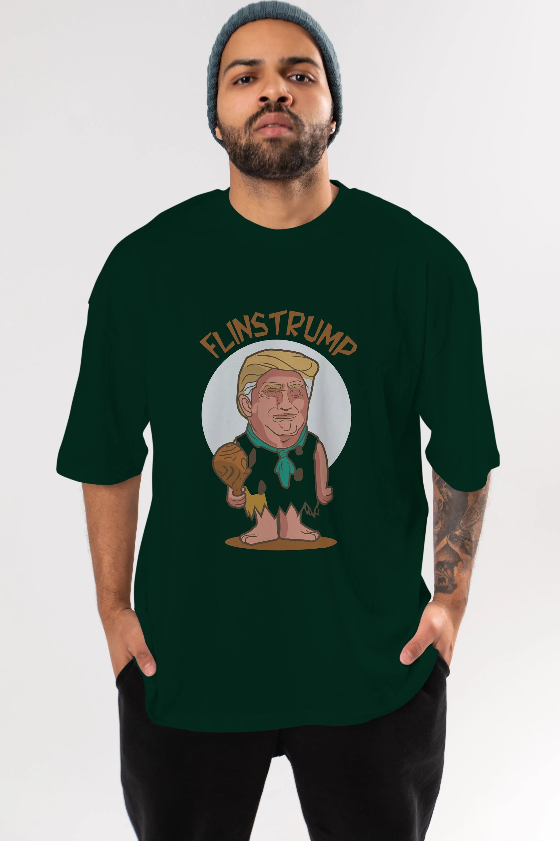 Flinstrump Ön Baskılı Oversize t-shirt Erkek Kadın Unisex %100 Pamuk tişort
