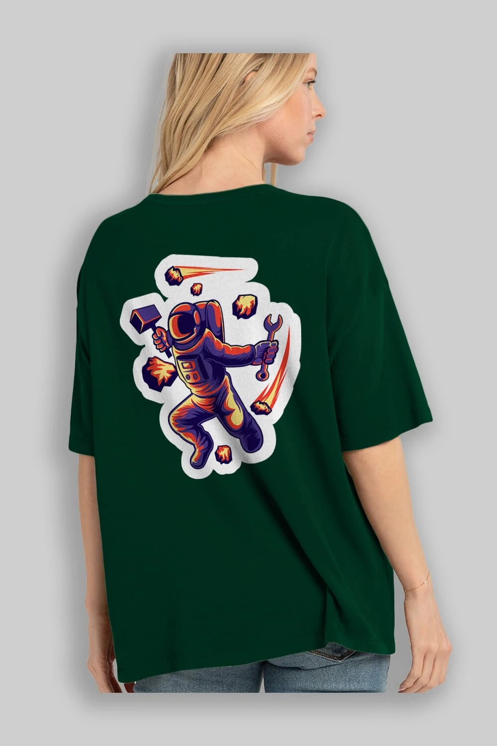 Astronaut Block Meteor Sticker Arka Baskılı Oversize t-shirt Erkek Kadın Unisex
