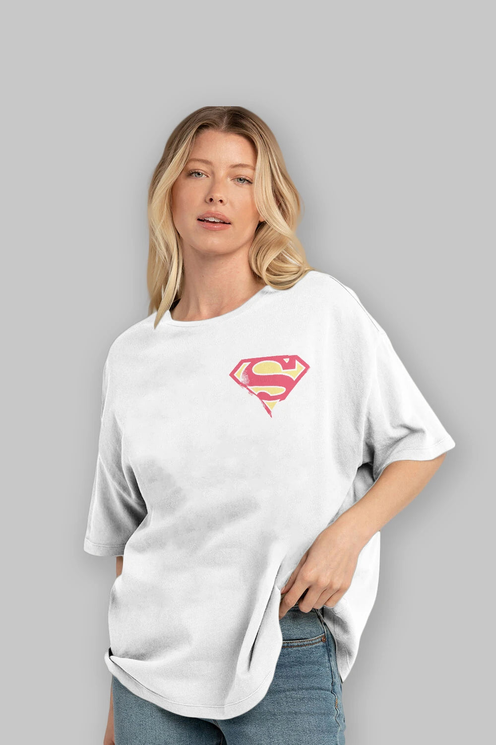 Superman Ön Sol Baskılı Oversize t-shirt Erkek Kadın Unisex %100 Pamuk Bisiklet Yaka tişort