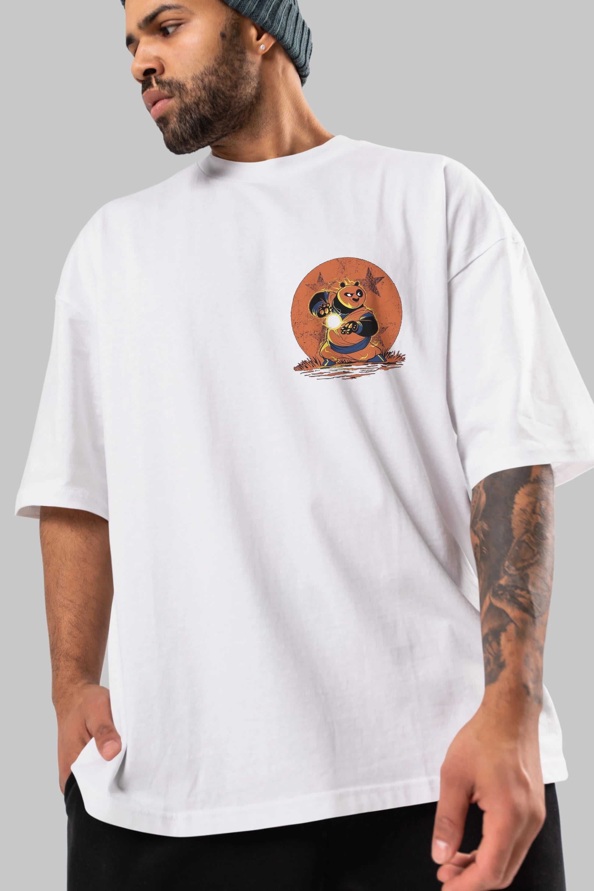 Kung Fu Panda Ön Sol Baskılı Oversize t-shirt Erkek Kadın Unisex %100 Pamuk Bisiklet Yaka tişort