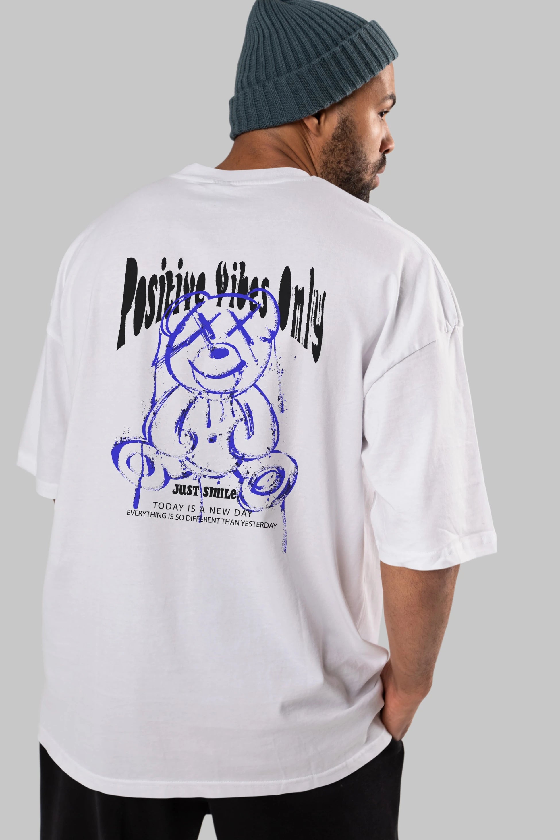 Positive Vibes Only Bear Arka Baskılı Oversize t-shirt Erkek Kadın Unisex