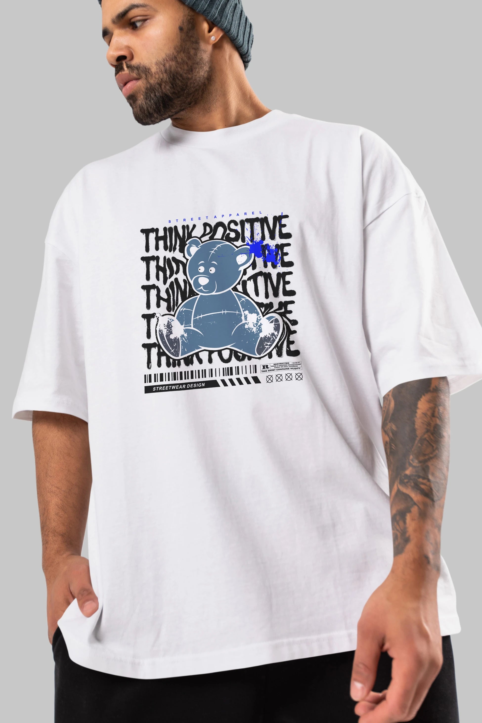 Teddy Bear Think Positive Ön Baskılı Oversize t-shirt Erkek Kadın Unisex