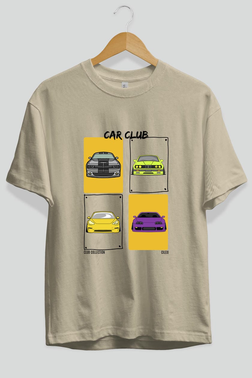 Car Club ön Baskılı Oversize t-shirt Erkek Kadın %100 Pamuk Bisiklet Yaka tişort
