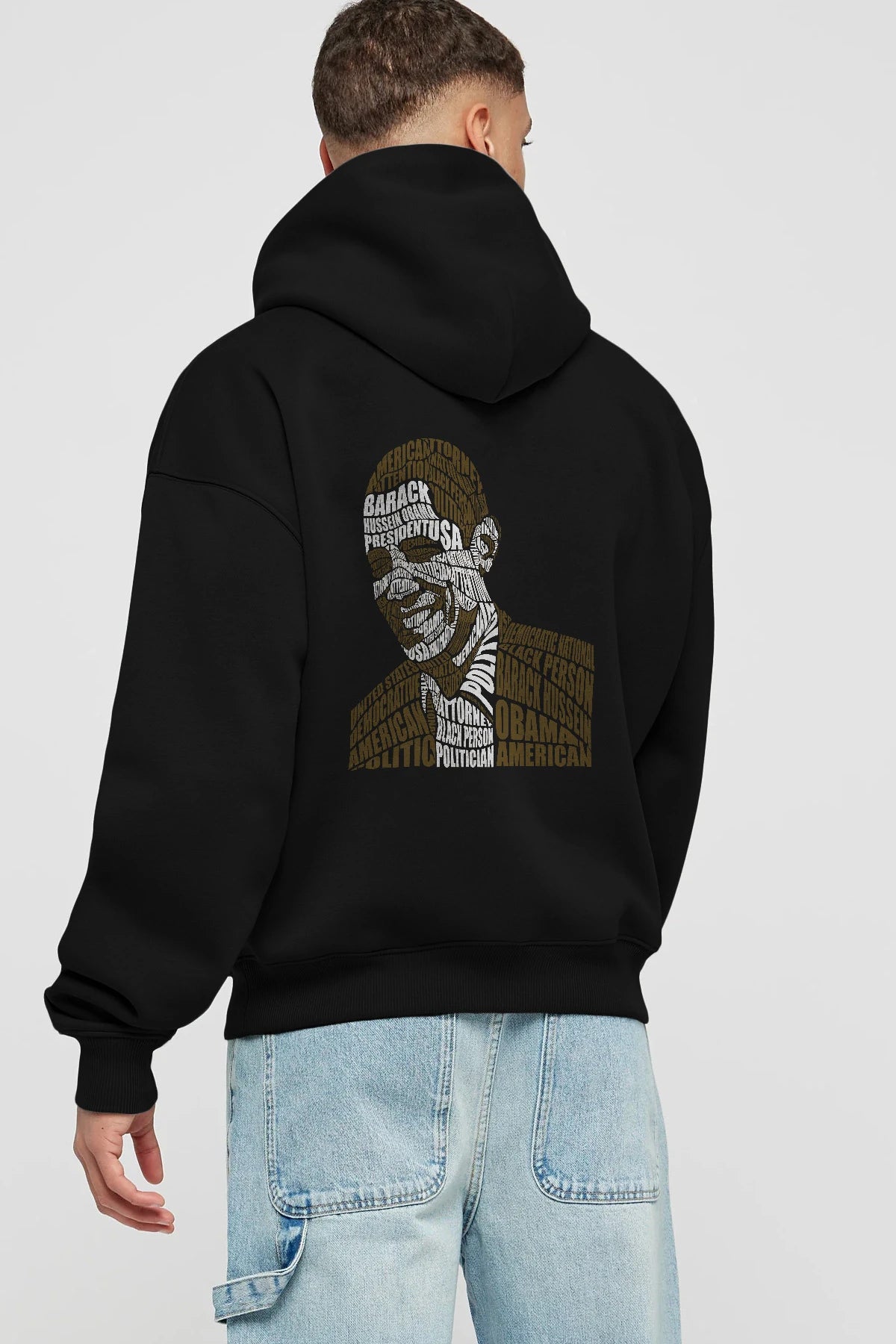 Obama Calligram Arka Baskılı Hoodie Oversize Kapüşonlu Sweatshirt Erkek Kadın Unisex