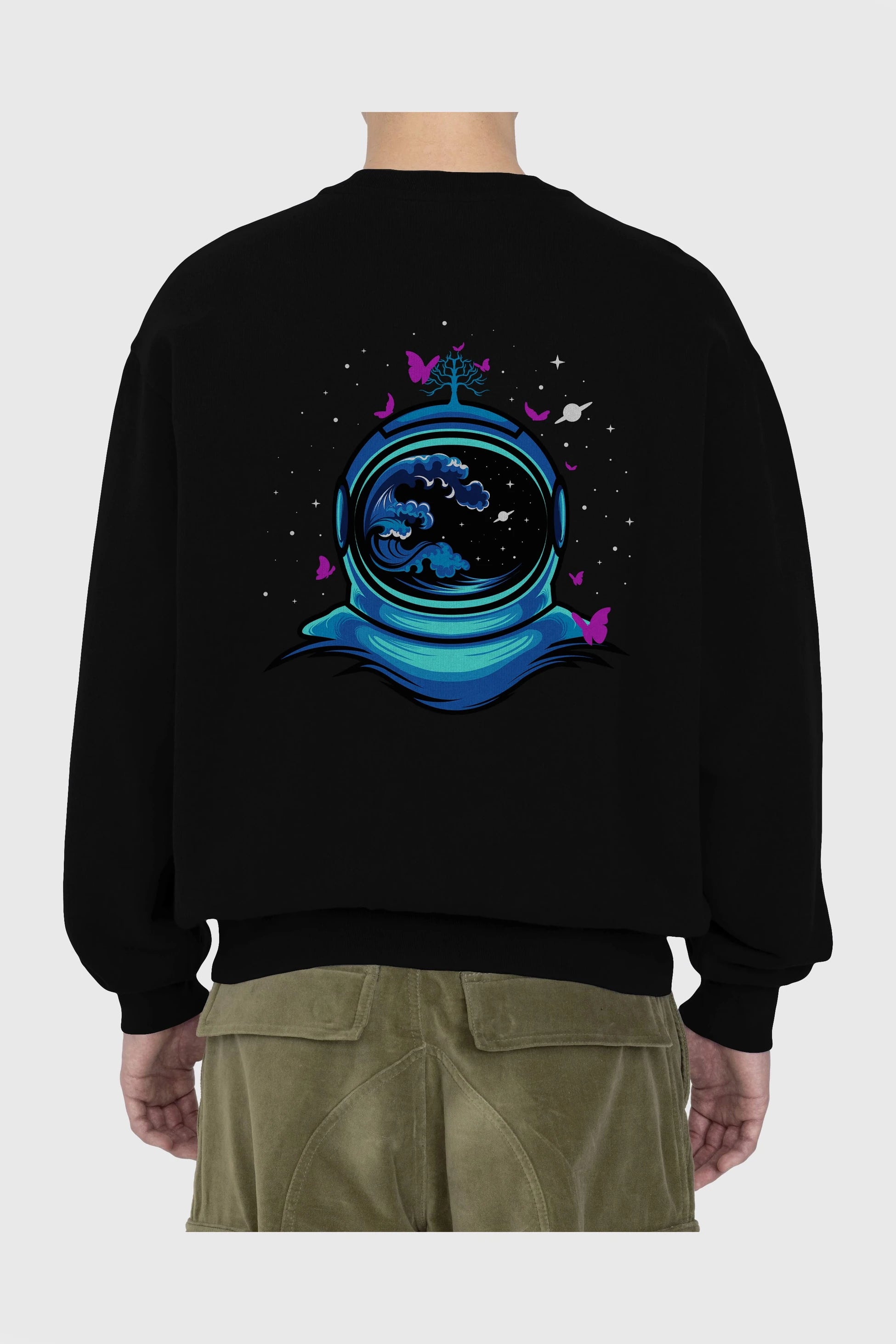 Astronaut and Butterfly Arka Baskılı Oversize Sweatshirt Erkek Kadın Unisex