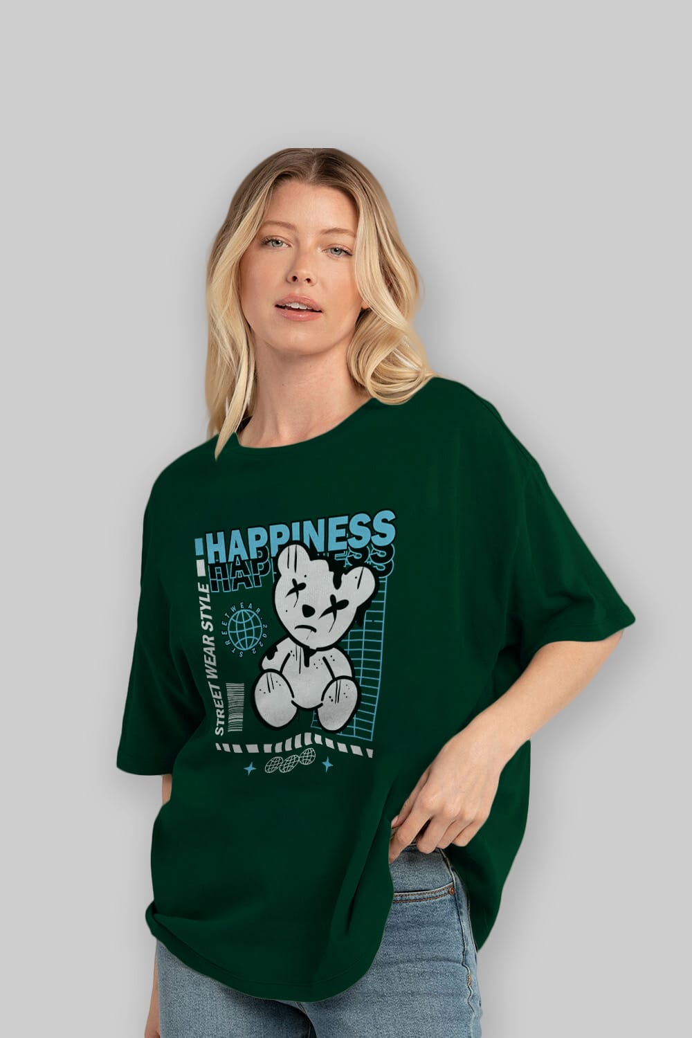 Happiness Bear 2 Ön Baskılı Oversize t-shirt Erkek Kadın Unisex